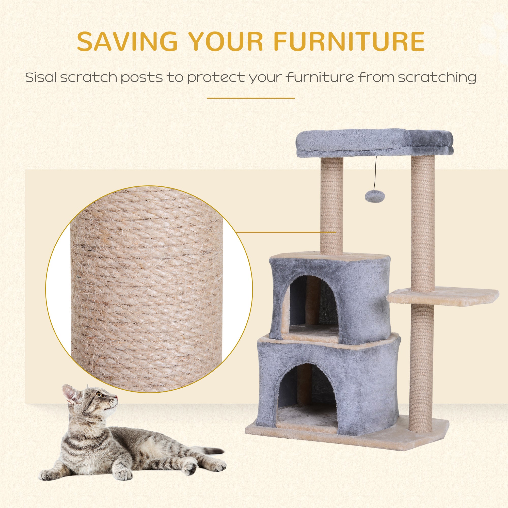 PawHut Cat Tree for Indoor Cats Scratching Posts with 2 Houses, Bed, Ball Toy, Kitten Activity Centre, 60 x 40 x 92 cm, Grey