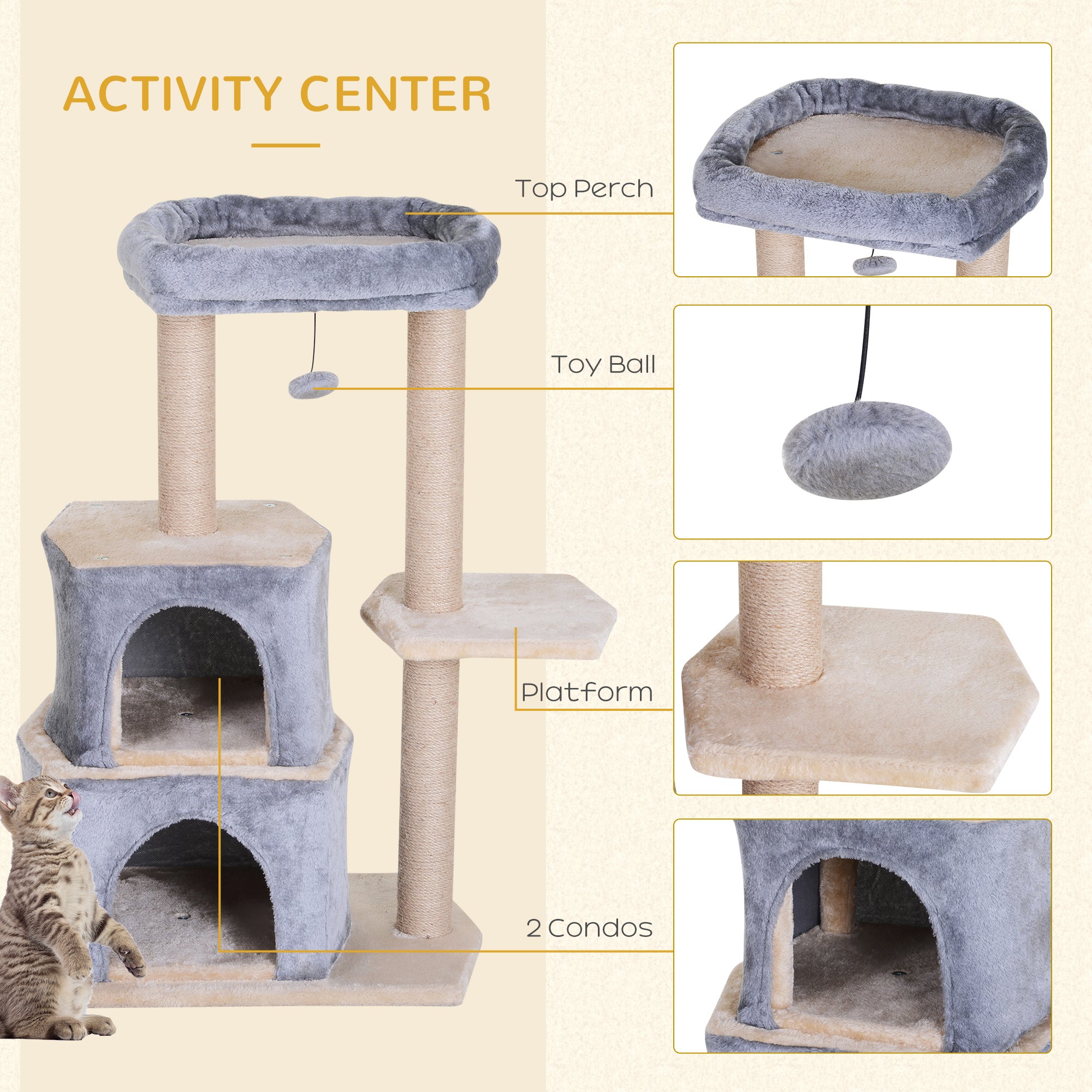 PawHut Cat Tree for Indoor Cats Scratching Posts with 2 Houses, Bed, Ball Toy, Kitten Activity Centre, 60 x 40 x 92 cm, Grey