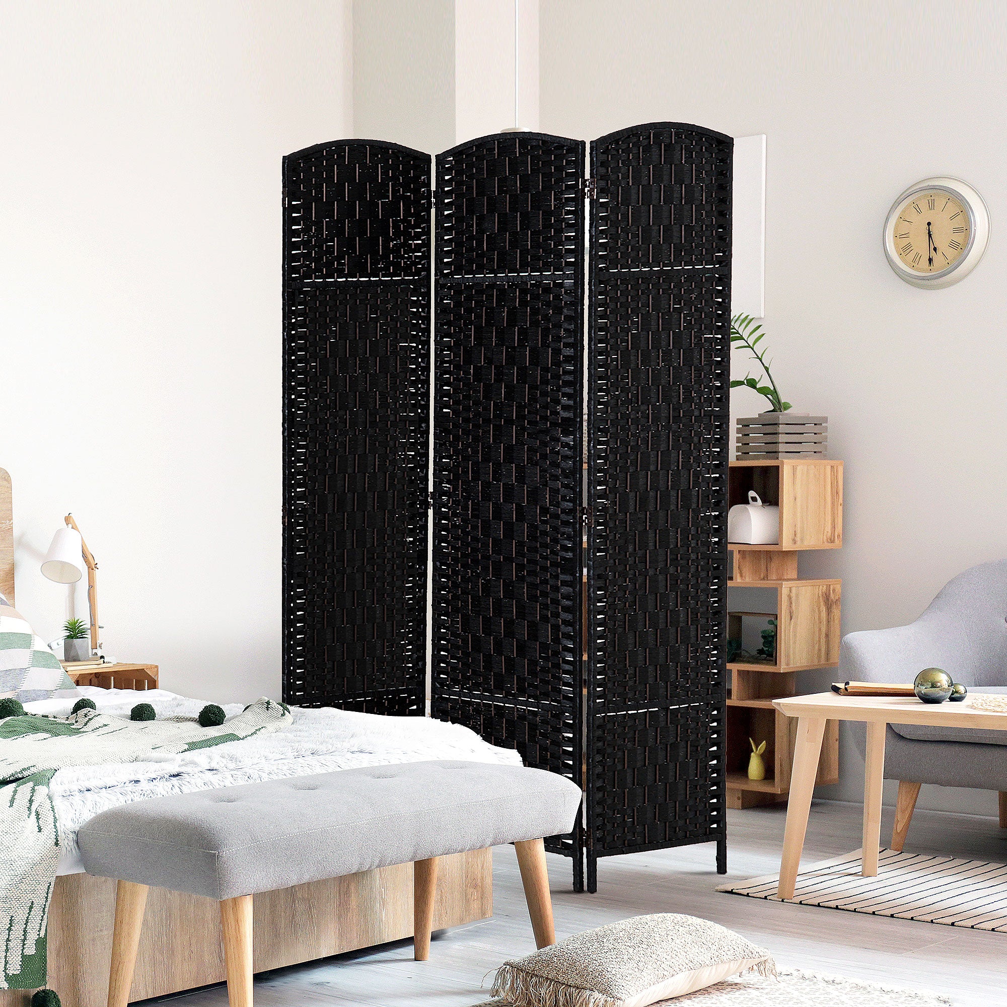 HOMCOM 3 Panels Room Divider, 6 Ft Tall Indoor Portable Folding Privacy Screens, Hand-Woven Double Hinged Freestanding Partition Wall Divider for Home Office, Black