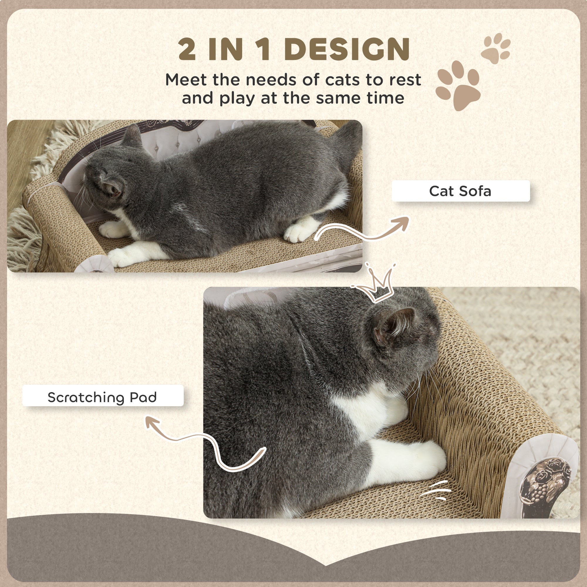 PawHut 2-in-1 Cat Scratcher, Cat Scratching Board with Organic Catnip, Cardboard Lounge for Indoor Cats, 29.5 x 56 x 26cm, Brown