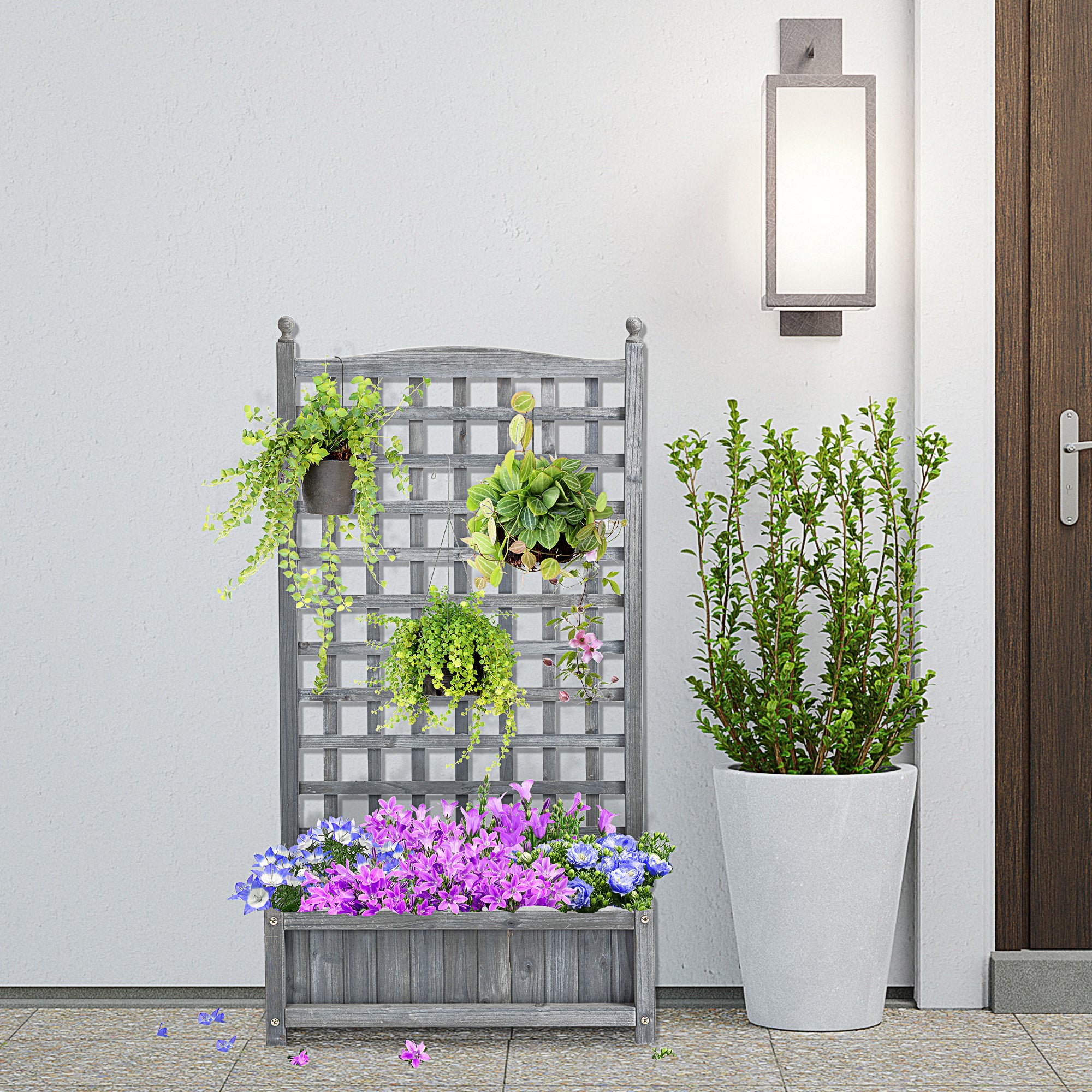 Outsunny Raised Garden Bed with Trellis for Climbing Vines, Wood Planter Box for Garden, Free Standing Flower Bed, Indoor Outdoor Display Rack, 25.2" x 11" x 47.2", Grey