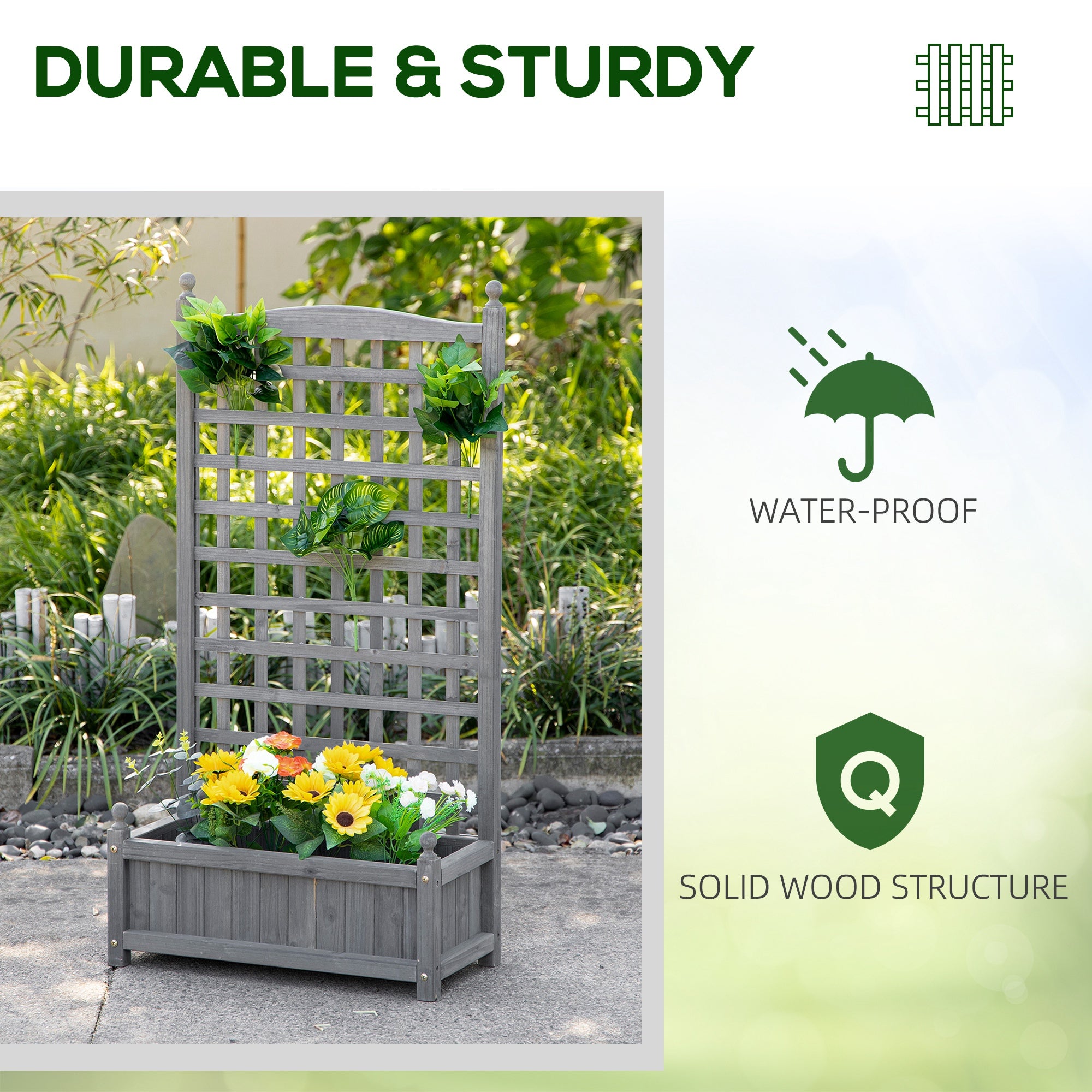 Outsunny Raised Garden Bed with Trellis for Climbing Vines, Wood Planter Box for Garden, Free Standing Flower Bed, Indoor Outdoor Display Rack, 25.2