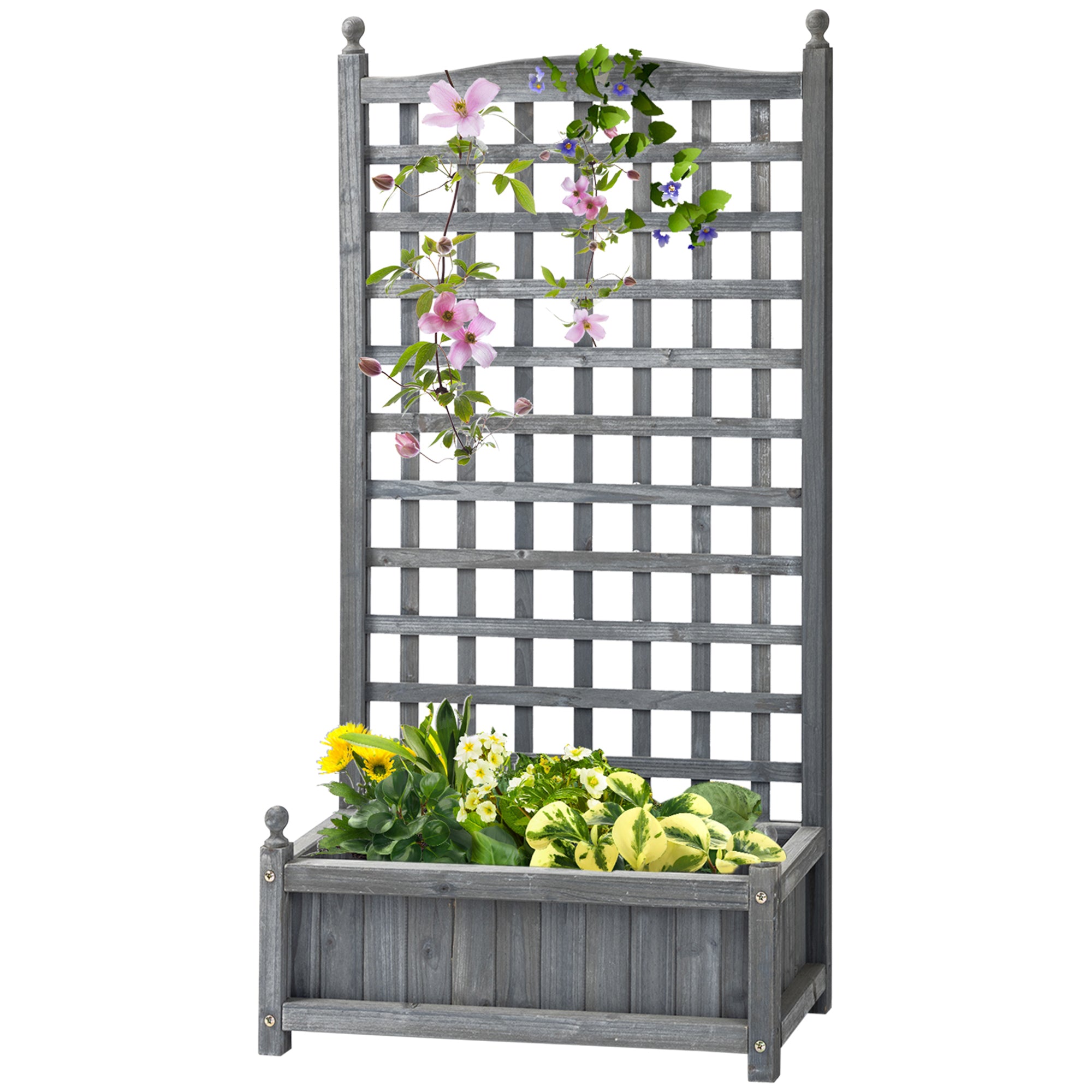 Outsunny Raised Garden Bed with Trellis for Climbing Vines, Wood Planter Box for Garden, Free Standing Flower Bed, Indoor Outdoor Display Rack, 25.2" x 11" x 47.2", Grey