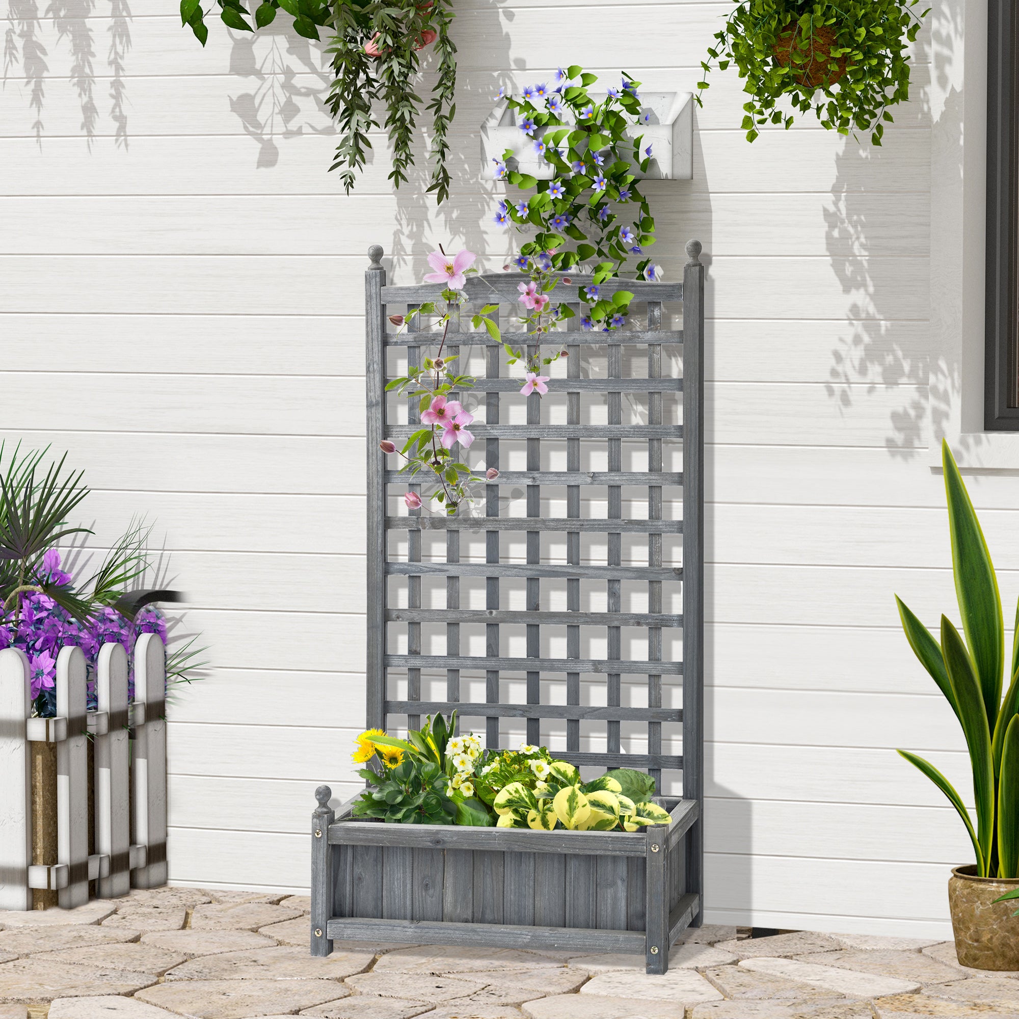 Outsunny Raised Garden Bed with Trellis for Climbing Vines, Wood Planter Box for Garden, Free Standing Flower Bed, Indoor Outdoor Display Rack, 25.2