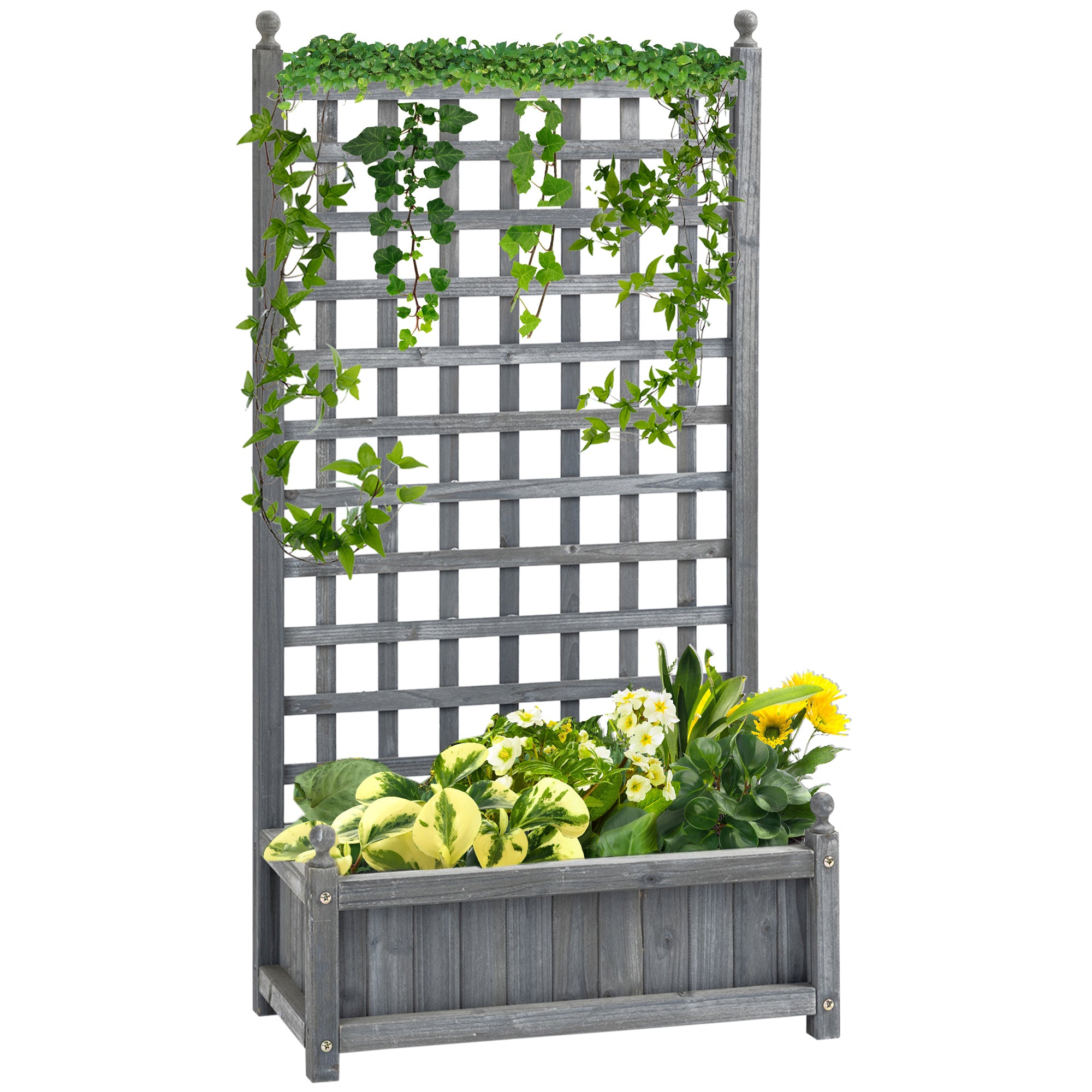 Outsunny Raised Garden Bed with Trellis for Climbing Vines, Wood Planter Box for Garden, Free Standing Flower Bed, Indoor Outdoor Display Rack, 25.2" x 11" x 47.2", Grey