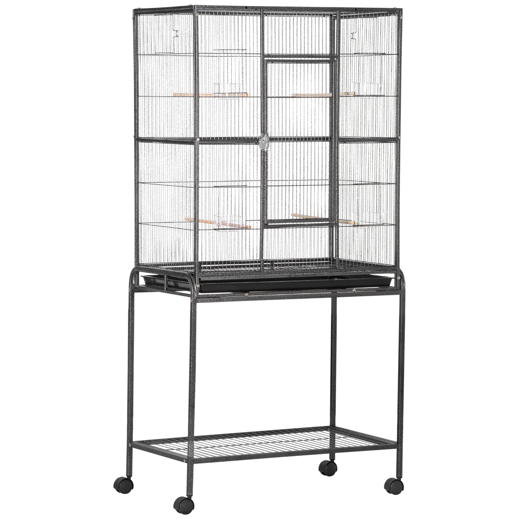 PawHut 64" Large Bird Cage, Rolling Metal Parrot Cage, Bird House with Detachable Rolling Stand, Storage Shelf, Wood Perch, Food Container, 30.25" x 18.5" x 64"