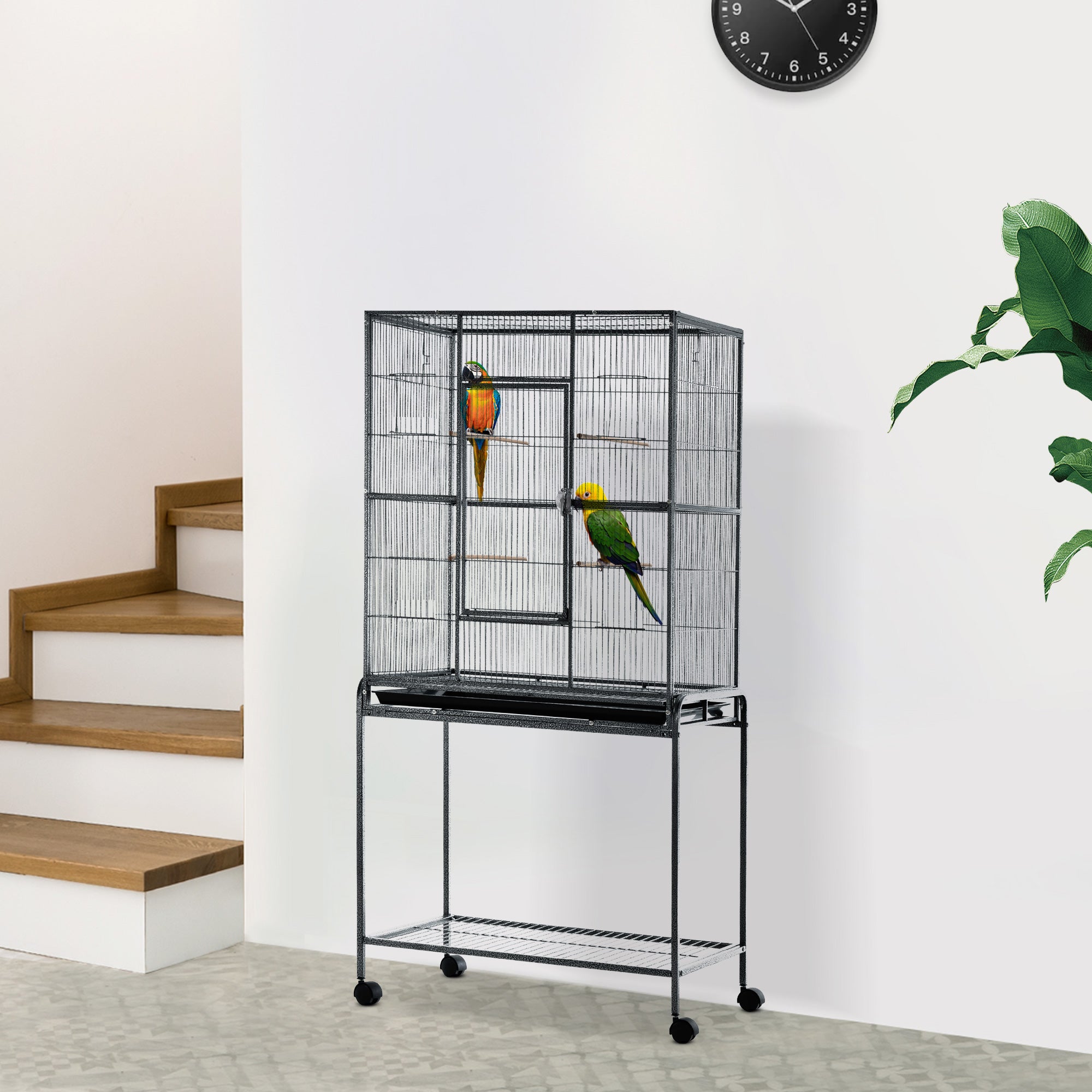 PawHut 64" Large Bird Cage, Rolling Metal Parrot Cage, Bird House with Detachable Rolling Stand, Storage Shelf, Wood Perch, Food Container, 30.25" x 18.5" x 64"