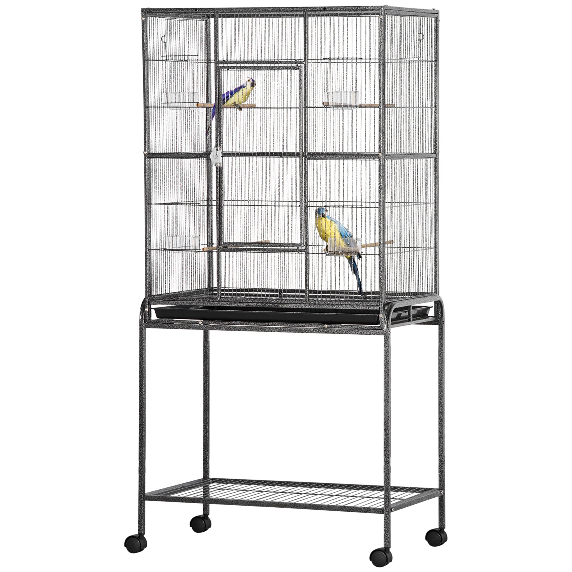 PawHut 64" Large Bird Cage, Rolling Metal Parrot Cage, Bird House with Detachable Rolling Stand, Storage Shelf, Wood Perch, Food Container, 30.25" x 18.5" x 64"