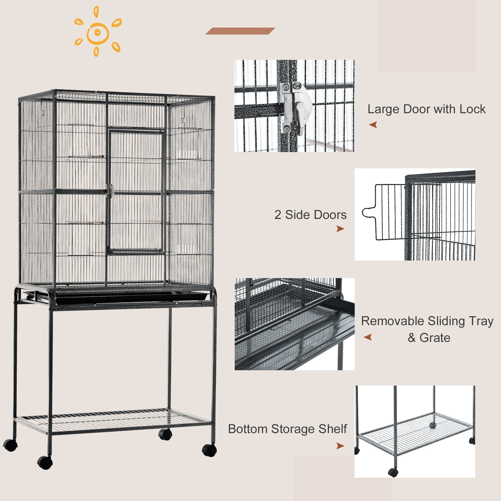 PawHut 64" Large Bird Cage, Rolling Metal Parrot Cage, Bird House with Detachable Rolling Stand, Storage Shelf, Wood Perch, Food Container, 30.25" x 18.5" x 64"