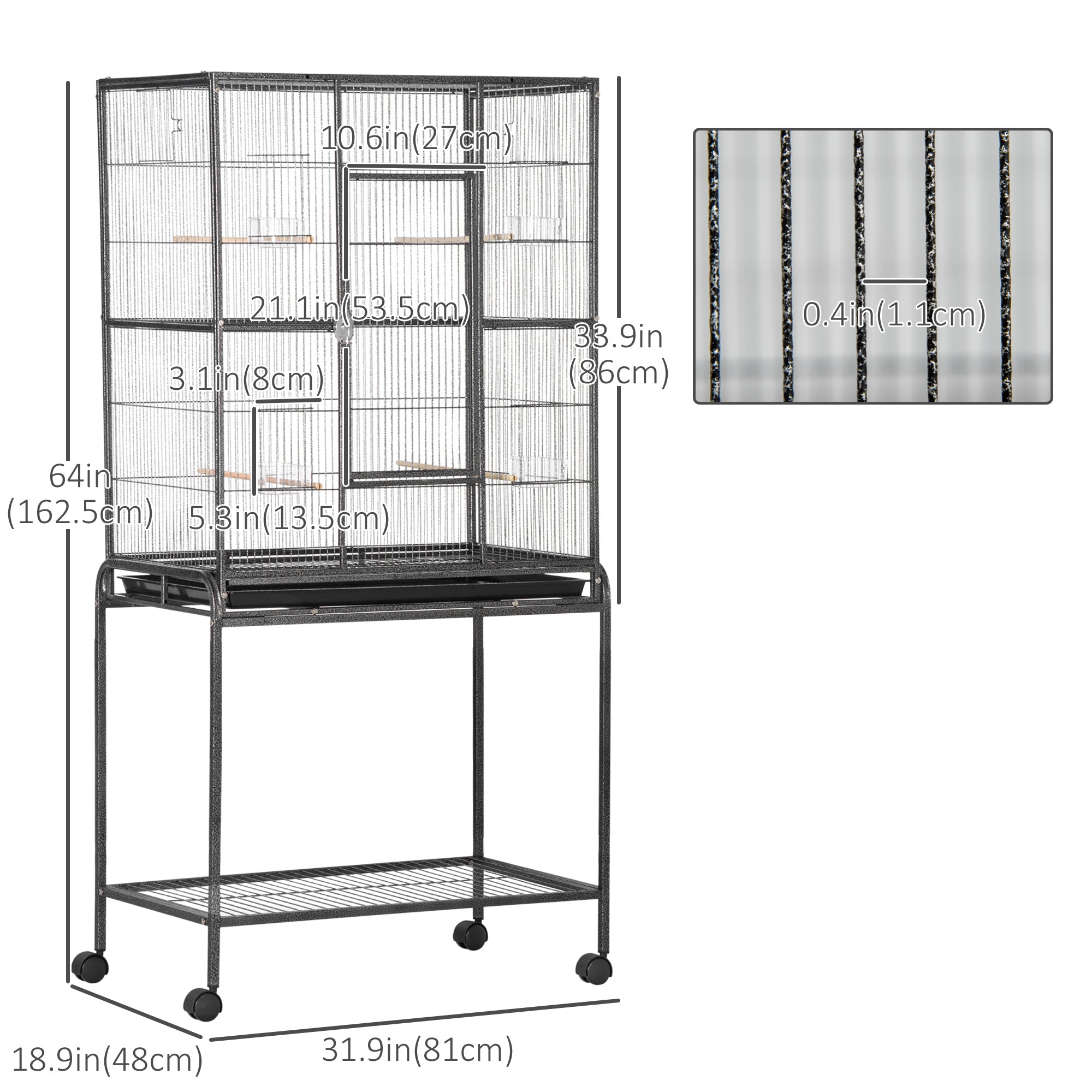 PawHut 64" Large Bird Cage, Rolling Metal Parrot Cage, Bird House with Detachable Rolling Stand, Storage Shelf, Wood Perch, Food Container, 30.25" x 18.5" x 64"
