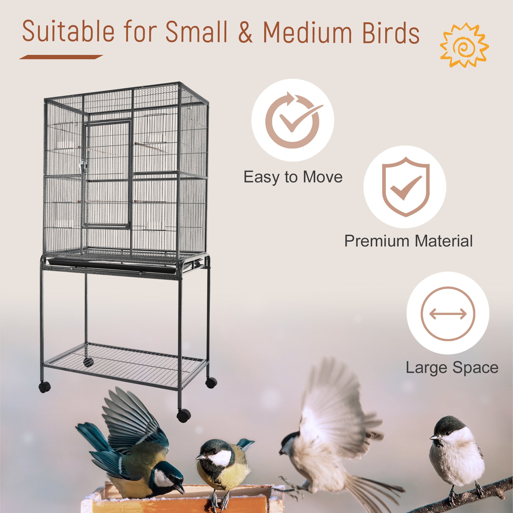 PawHut 64" Large Bird Cage, Rolling Metal Parrot Cage, Bird House with Detachable Rolling Stand, Storage Shelf, Wood Perch, Food Container, 30.25" x 18.5" x 64"