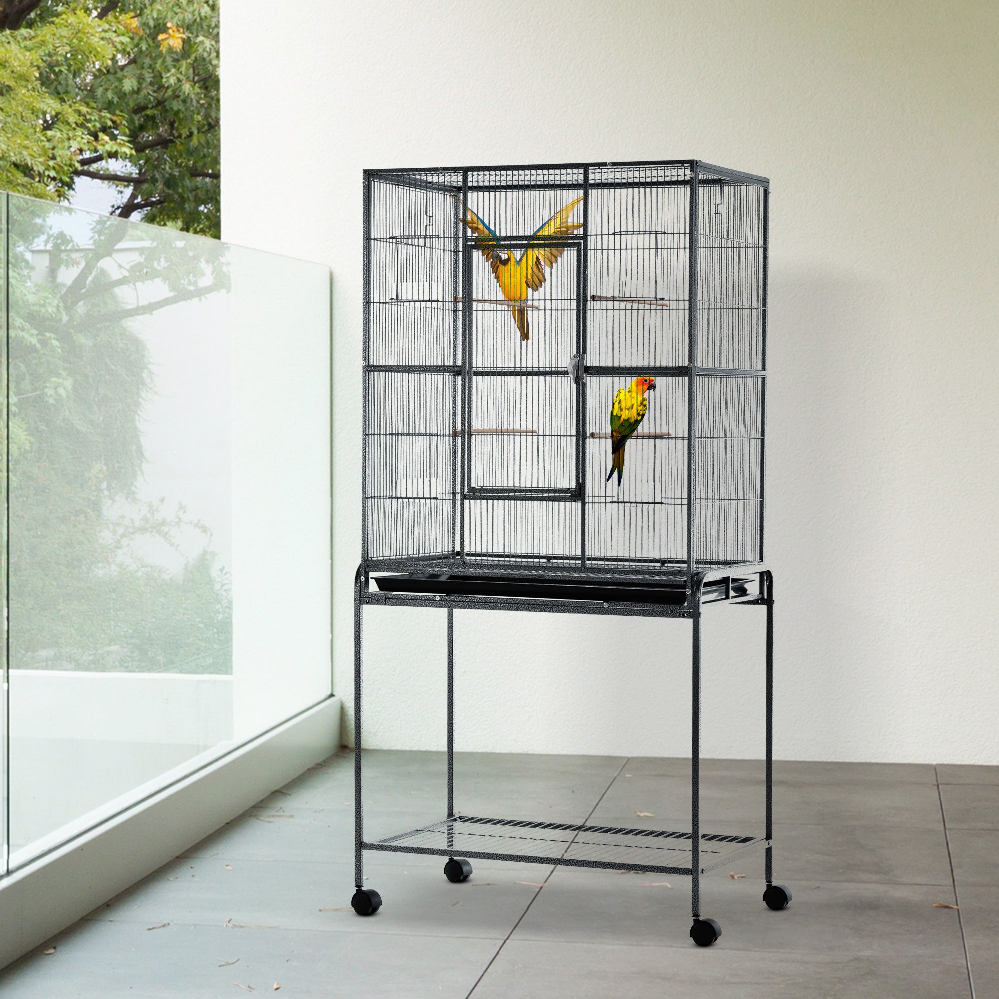 PawHut 64" Large Bird Cage, Rolling Metal Parrot Cage, Bird House with Detachable Rolling Stand, Storage Shelf, Wood Perch, Food Container, 30.25" x 18.5" x 64"