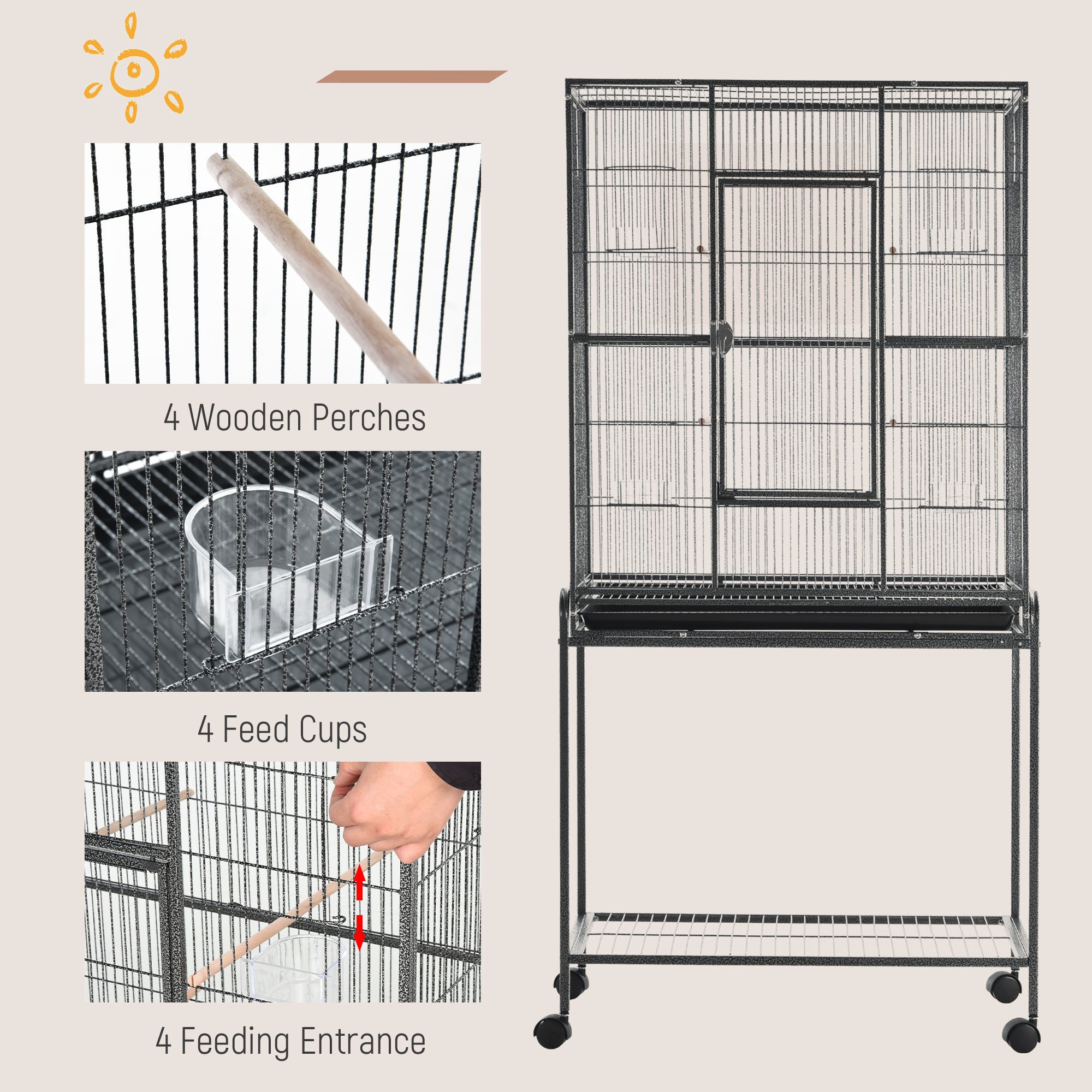 PawHut 64" Large Bird Cage, Rolling Metal Parrot Cage, Bird House with Detachable Rolling Stand, Storage Shelf, Wood Perch, Food Container, 30.25" x 18.5" x 64"