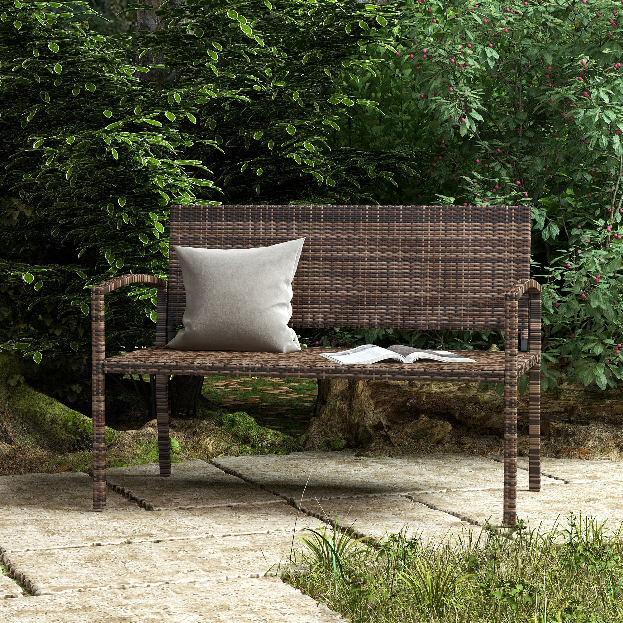 Outsunny Rattan Wicker Loveseat Garden Bench Hand Woven Portable Backyard Brown