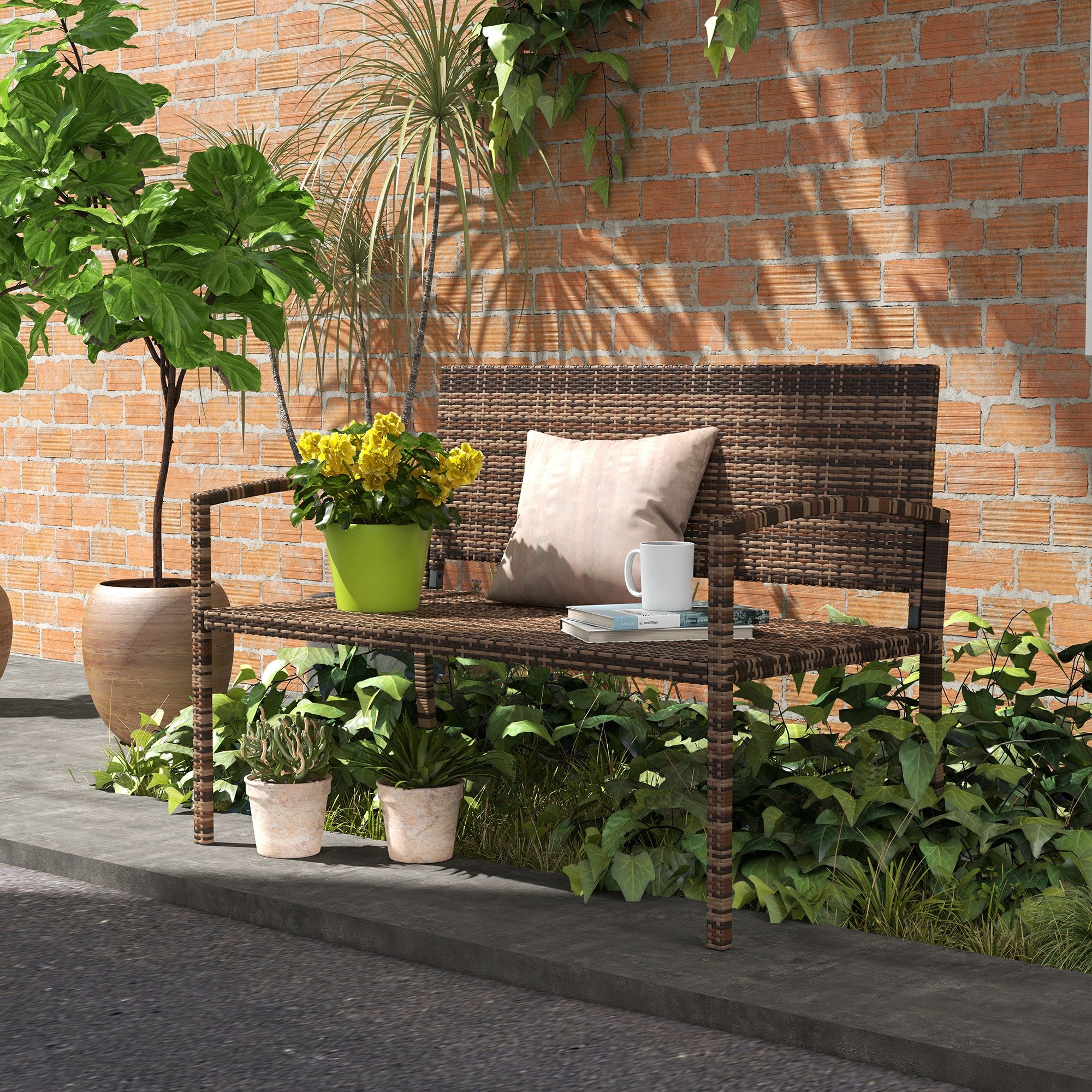 Outsunny Rattan Wicker Loveseat Garden Bench Hand Woven Portable Backyard Brown