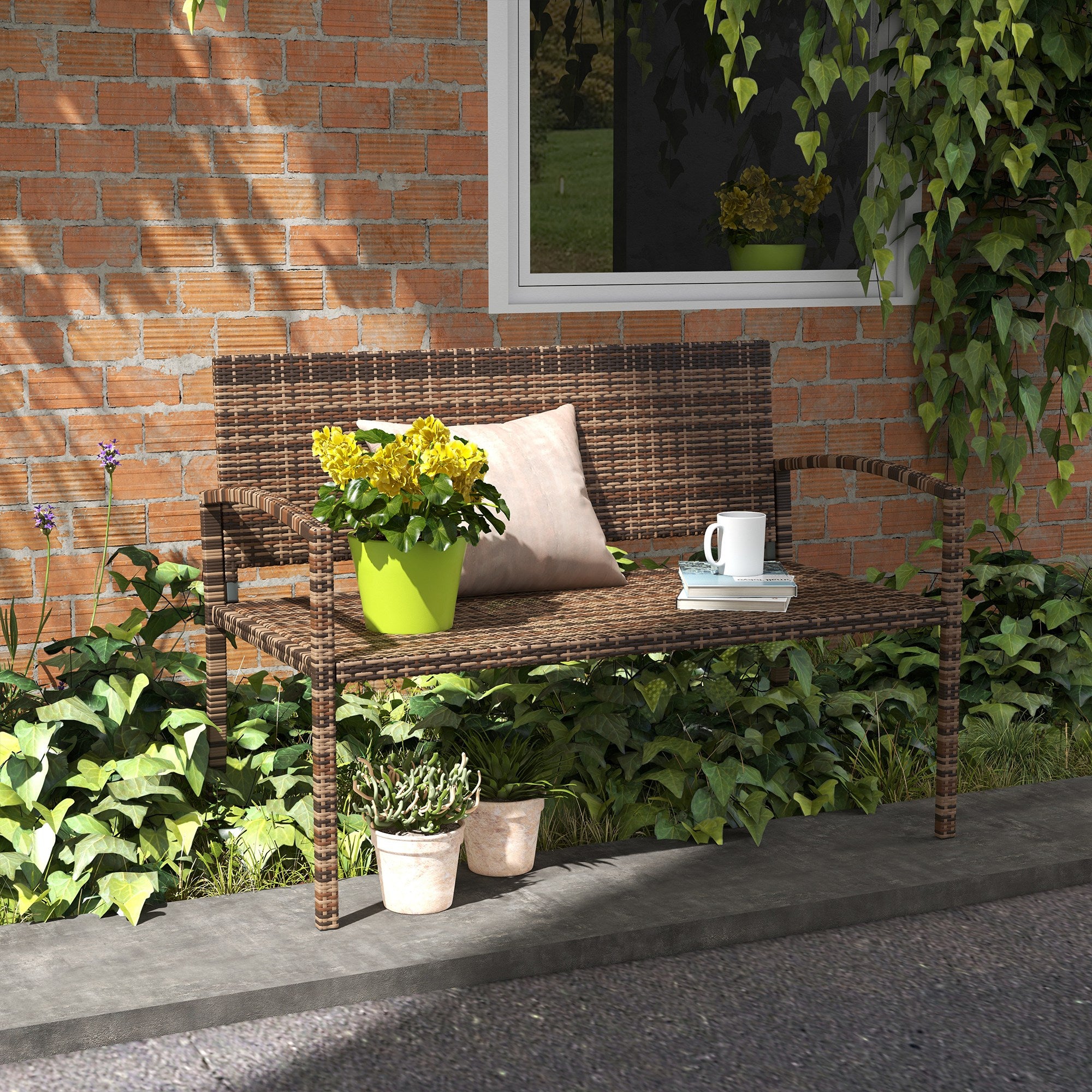 Outsunny Rattan Wicker Loveseat Garden Bench Hand Woven Portable Backyard Brown