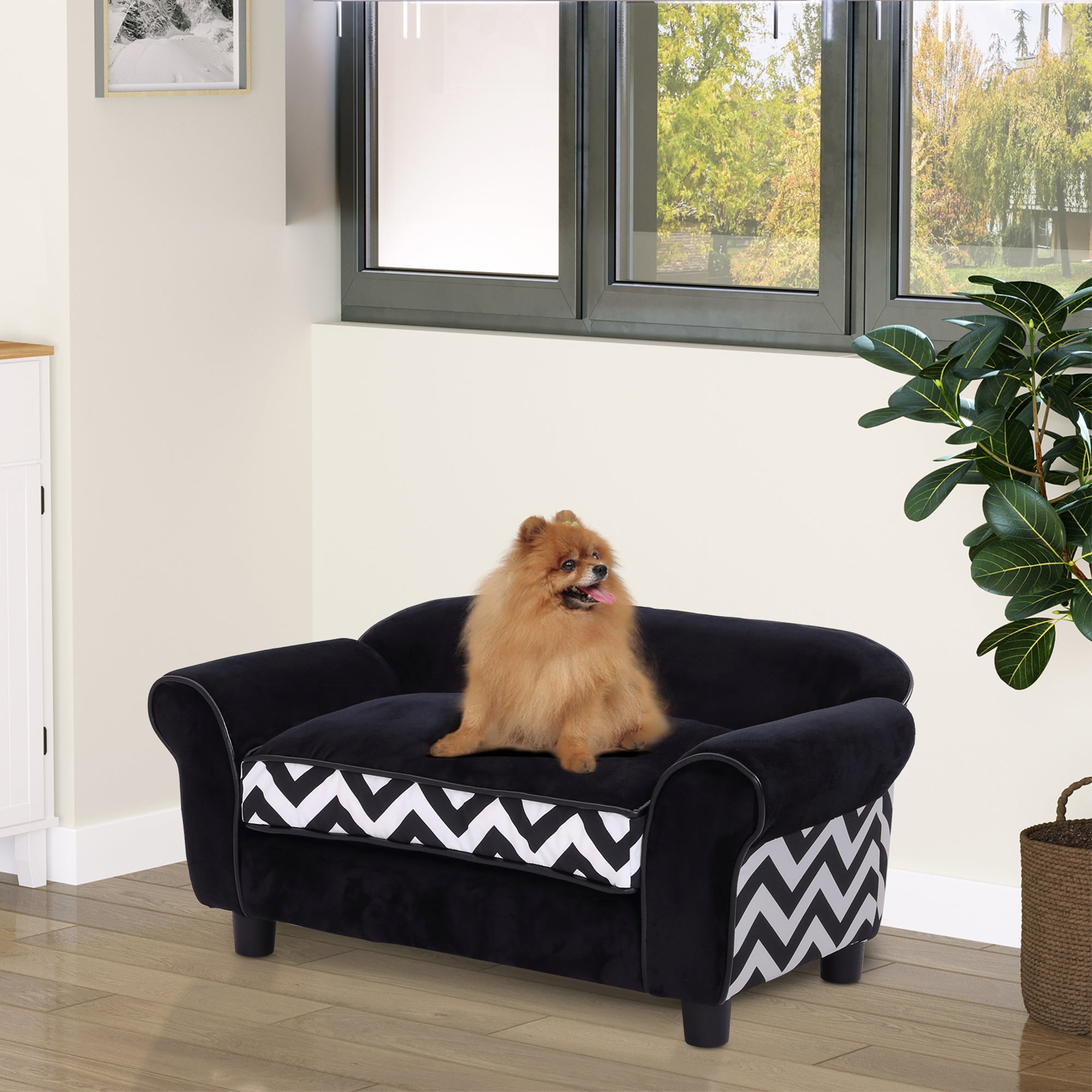 PawHut Dog Sofa Bed for XS-Sized Dogs, Cat Sofa with Soft Cushion, Pet Chair Lounge with Washable Cover, Removable Legs, Wooden Frame - Black