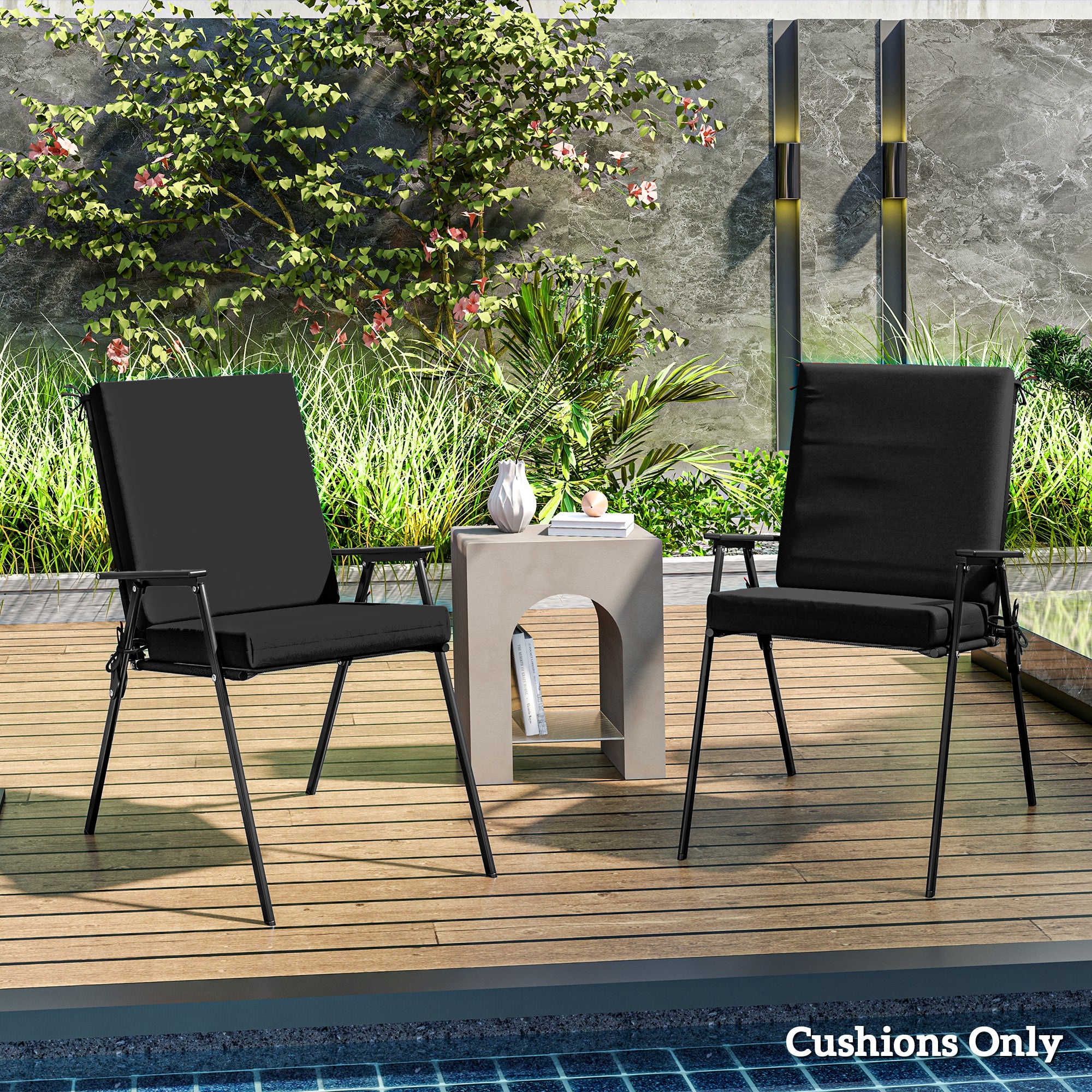 Outsunny Outdoor Chair Cushions Set of 2 for Dining Chairs, Water-Repellent and Fade-Resistant Yarn-Dyed Polyester, Outdoor Seat Cushions with Back Cushions and Ties, Black