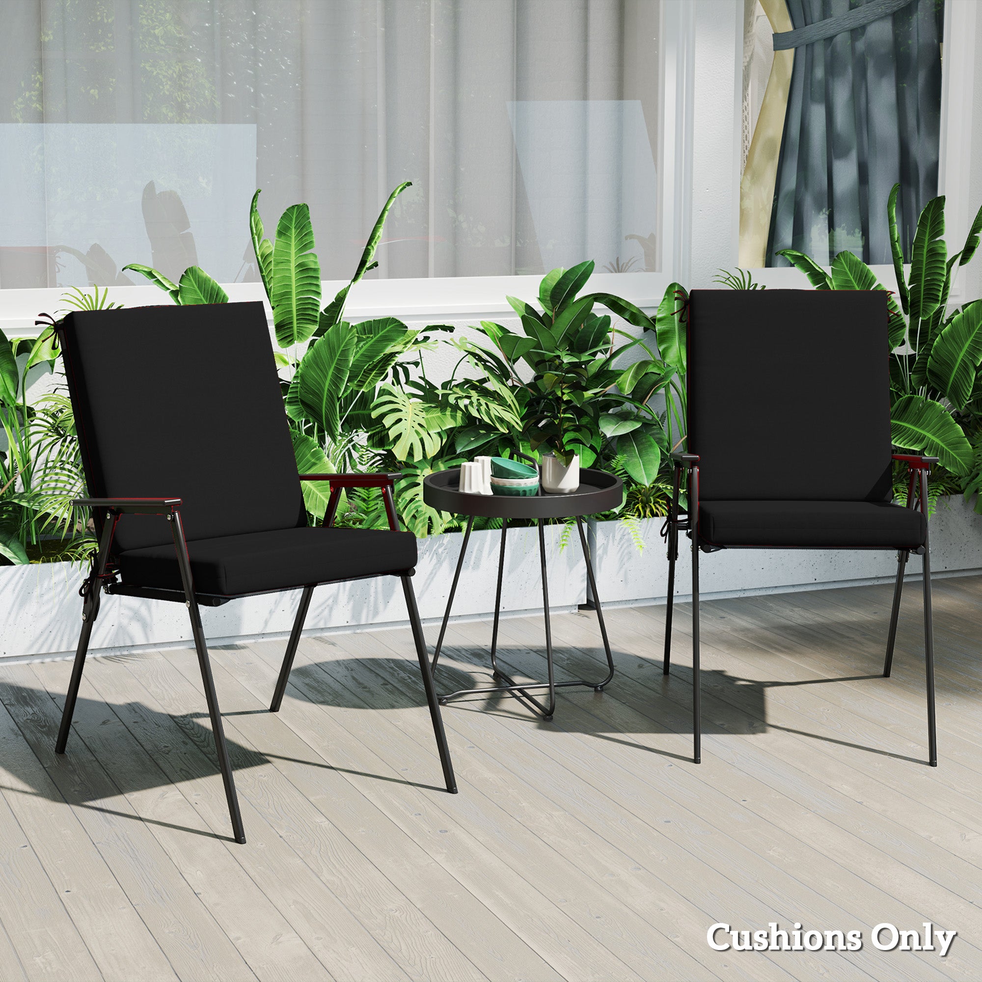 Outsunny Outdoor Chair Cushions Set of 2 for Dining Chairs, Water-Repellent and Fade-Resistant Yarn-Dyed Polyester, Outdoor Seat Cushions with Back Cushions and Ties, Black