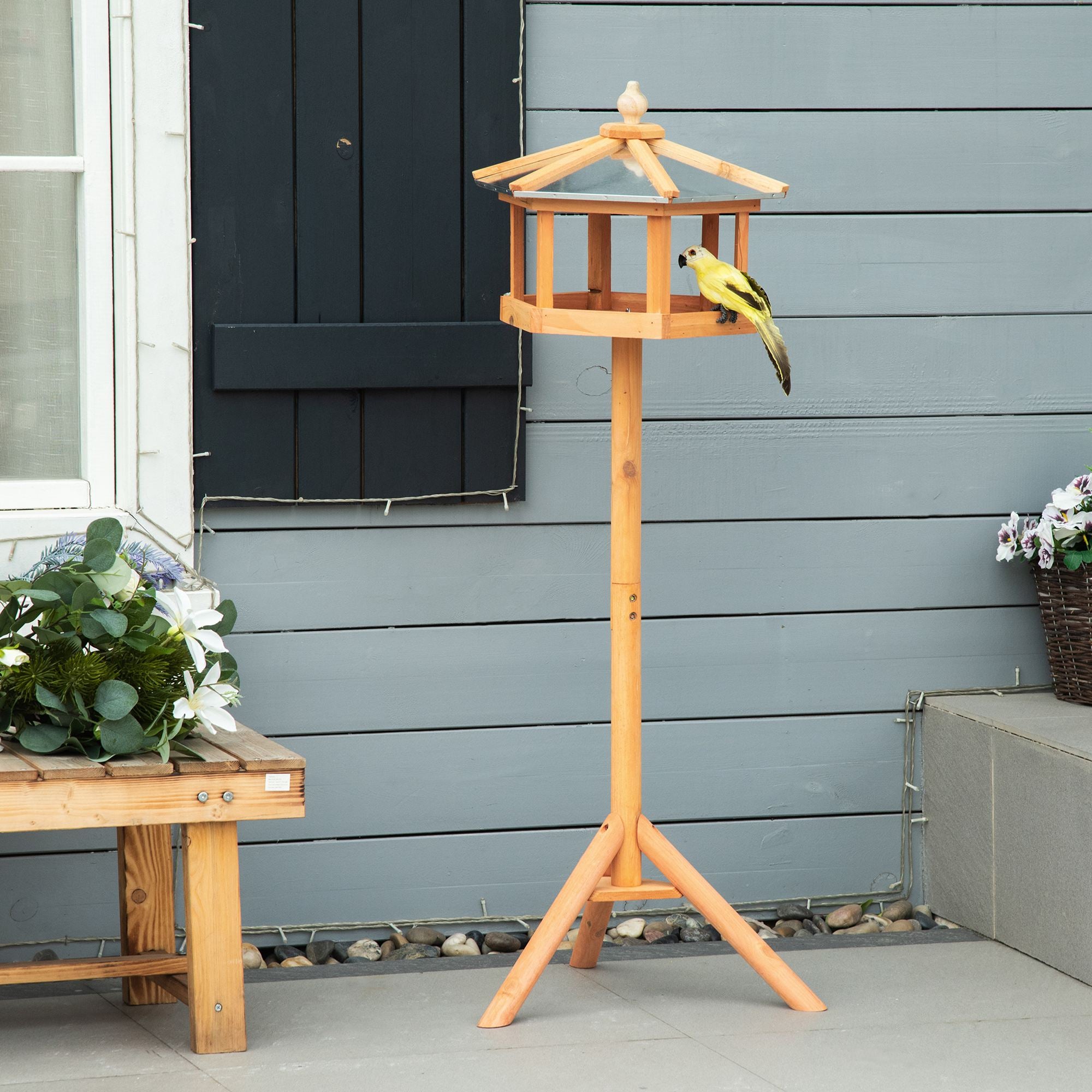 PawHut Wooden Bird Table Free Standing Feeder Garden Sheltered Feeding Station Parrot Stand Birdhouse Φ40x113cm