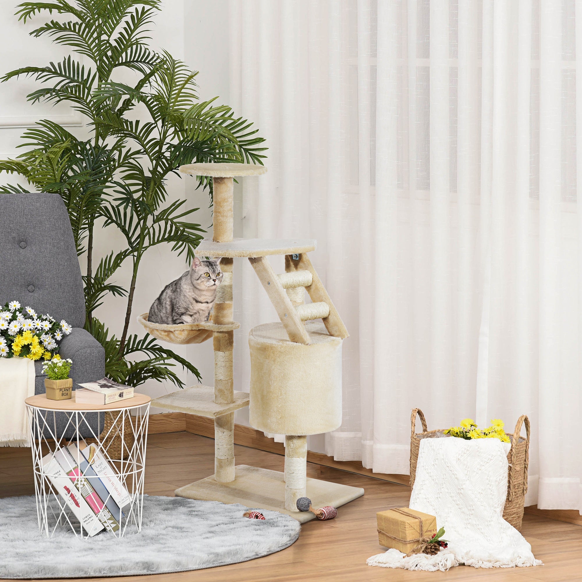 PawHut 49" Cat Tree with Hammock, Cat Condo Tower with Scratching Post for Indoor Cats, Beige