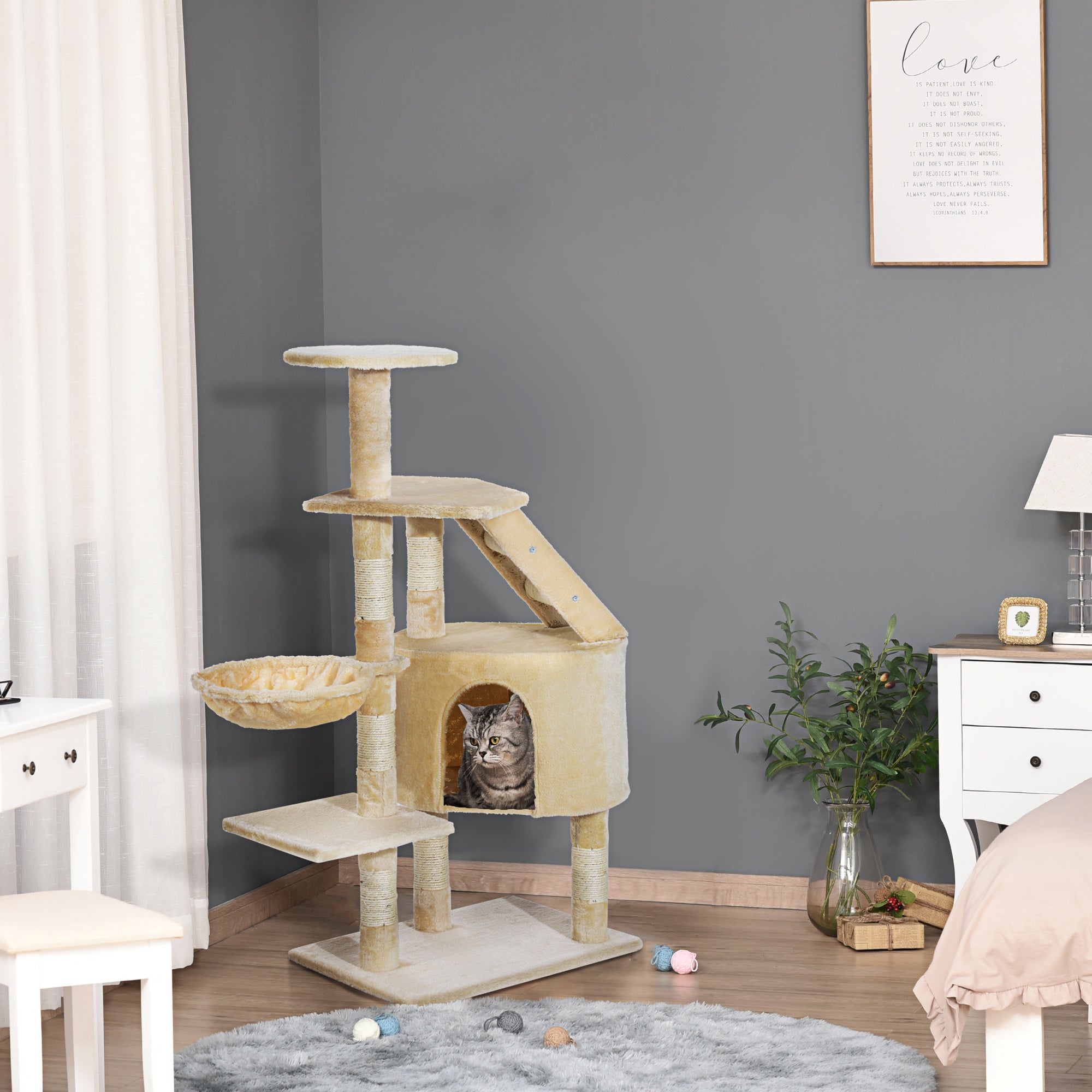PawHut 49" Cat Tree with Hammock, Cat Condo Tower with Scratching Post for Indoor Cats, Beige