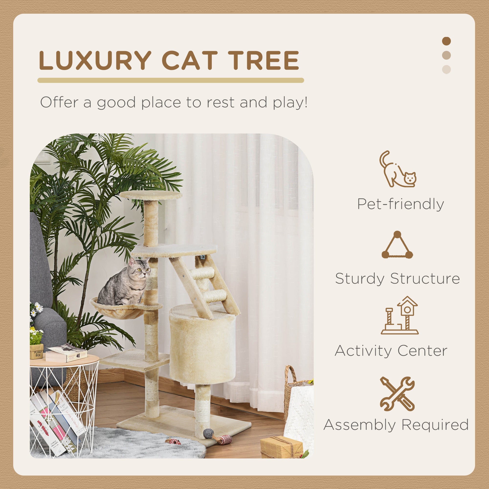 PawHut 49" Cat Tree with Hammock, Cat Condo Tower with Scratching Post for Indoor Cats, Beige