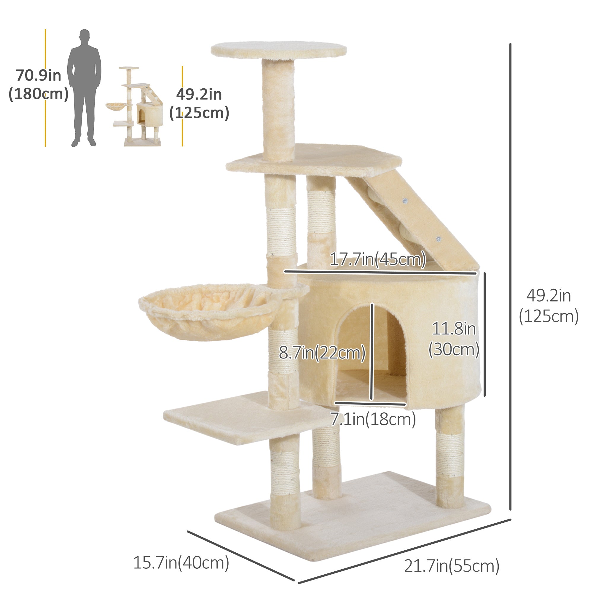 PawHut 49" Cat Tree with Hammock, Cat Condo Tower with Scratching Post for Indoor Cats, Beige