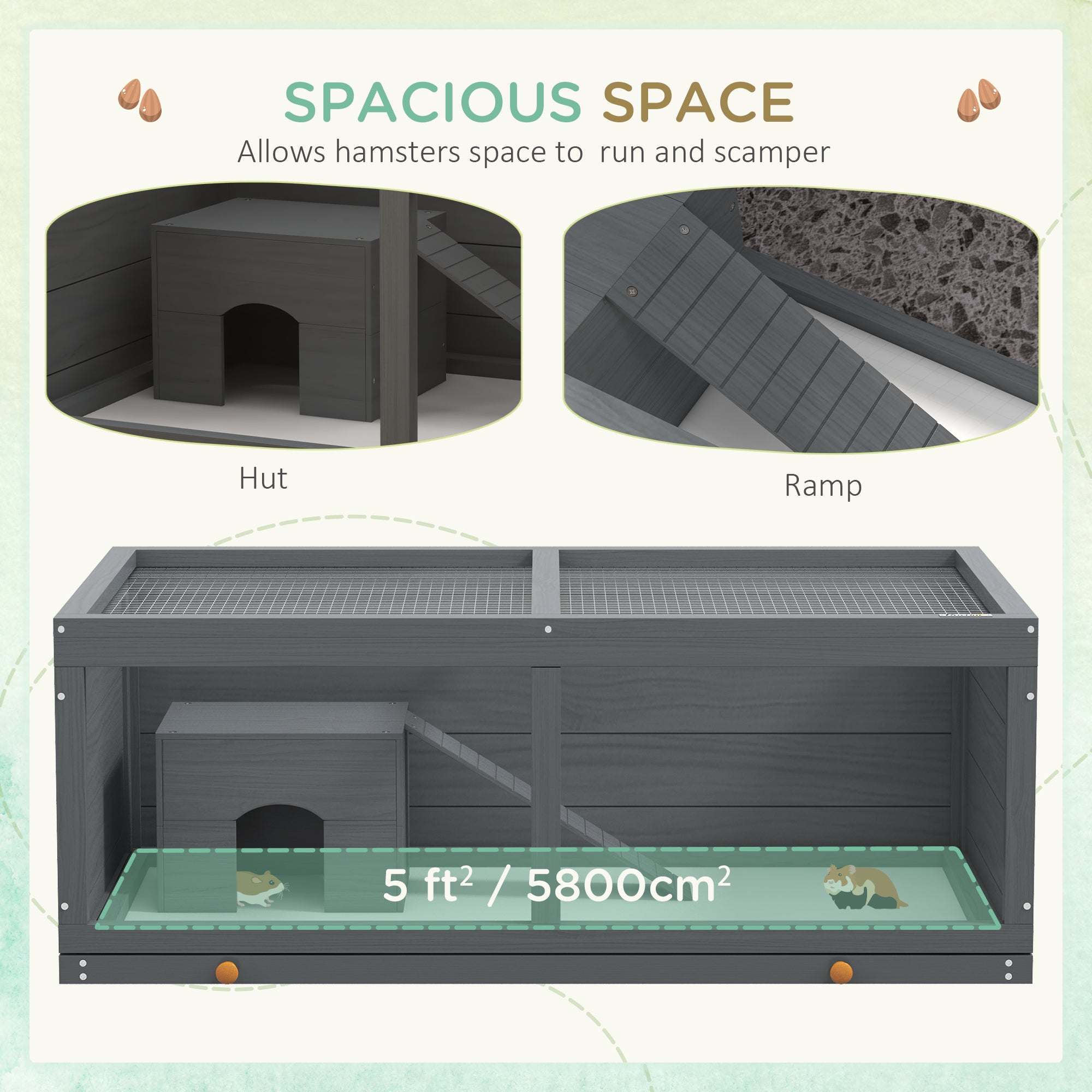 PawHut Wooden Hamster Cage, Small Animals Kit Hutch, Exercise Play House for Dwarf Hamsters, Gerbils, Chinchillas, Guinea Pigs, Bunnies, with Sliding Tray, Grey
