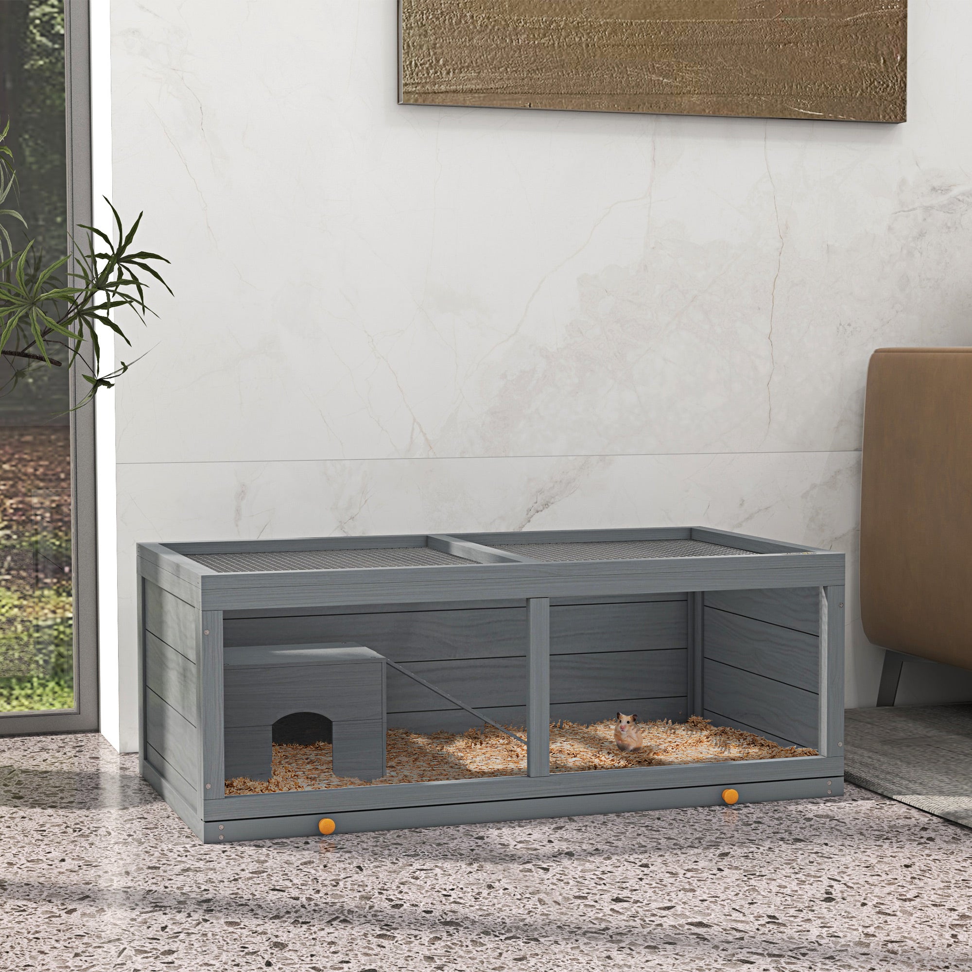 PawHut Wooden Hamster Cage, Small Animals Kit Hutch, Exercise Play House for Dwarf Hamsters, Gerbils, Chinchillas, Guinea Pigs, Bunnies, with Sliding Tray, Grey