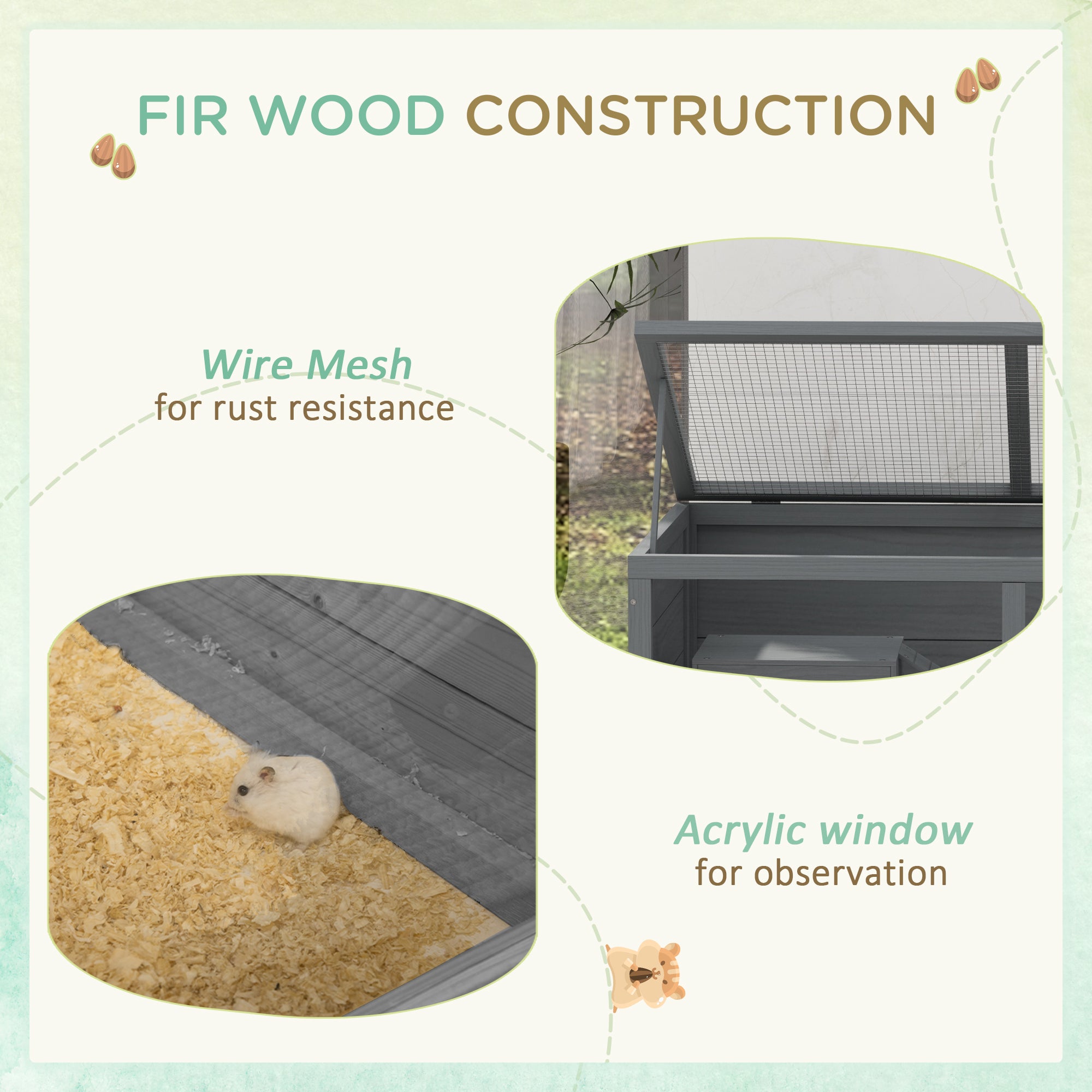 PawHut Wooden Hamster Cage, Small Animals Kit Hutch, Exercise Play House for Dwarf Hamsters, Gerbils, Chinchillas, Guinea Pigs, Bunnies, with Sliding Tray, Grey