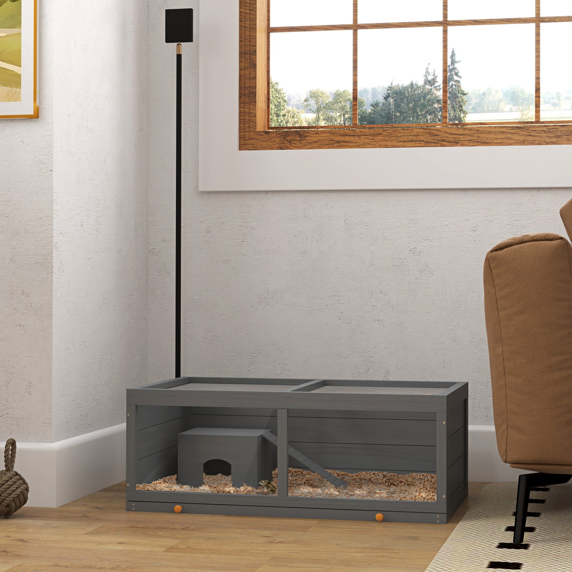 PawHut Wooden Hamster Cage, Small Animals Kit Hutch, Exercise Play House for Dwarf Hamsters, Gerbils, Chinchillas, Guinea Pigs, Bunnies, with Sliding Tray, Grey