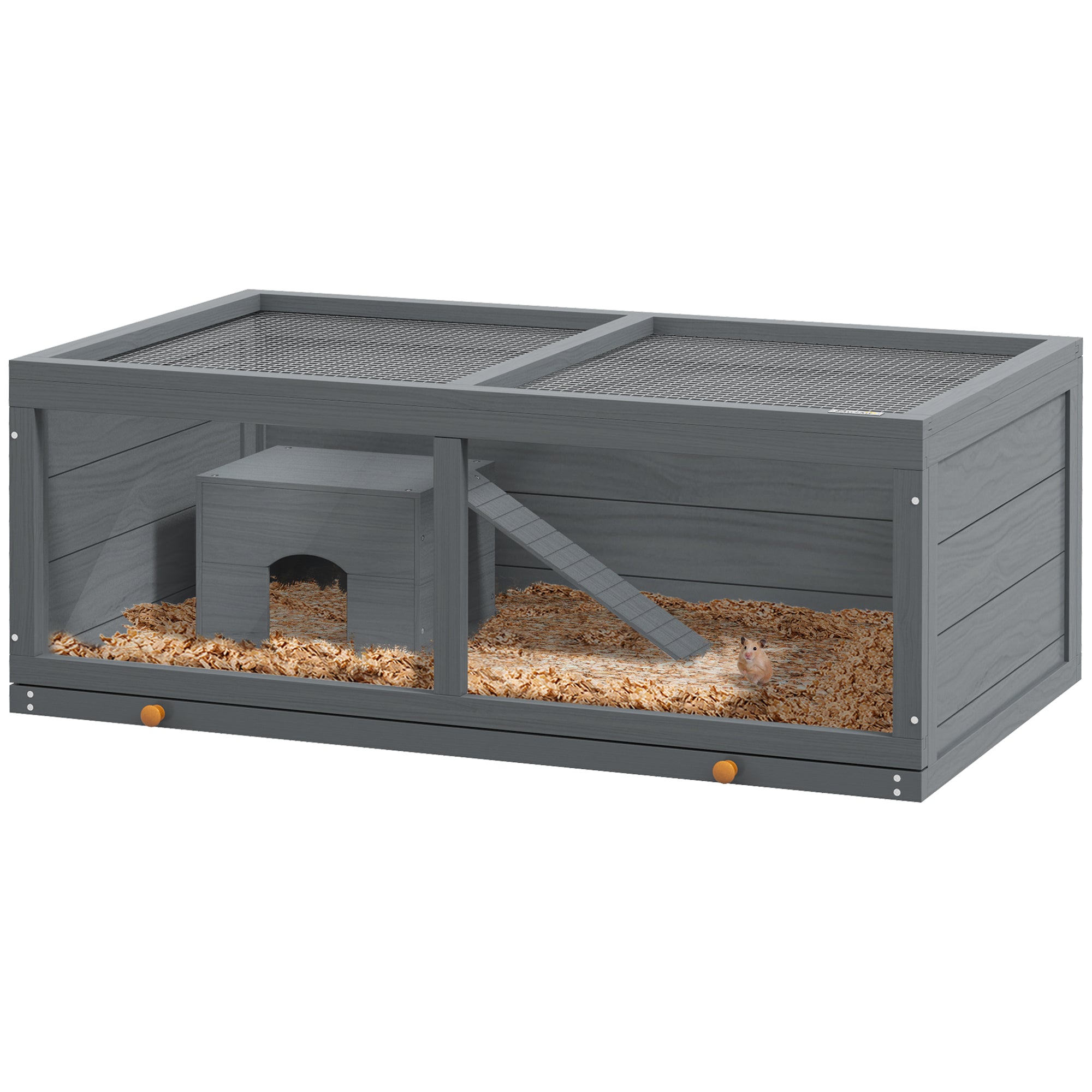 PawHut Wooden Hamster Cage, Small Animals Kit Hutch, Exercise Play House for Dwarf Hamsters, Gerbils, Chinchillas, Guinea Pigs, Bunnies, with Sliding Tray, Grey