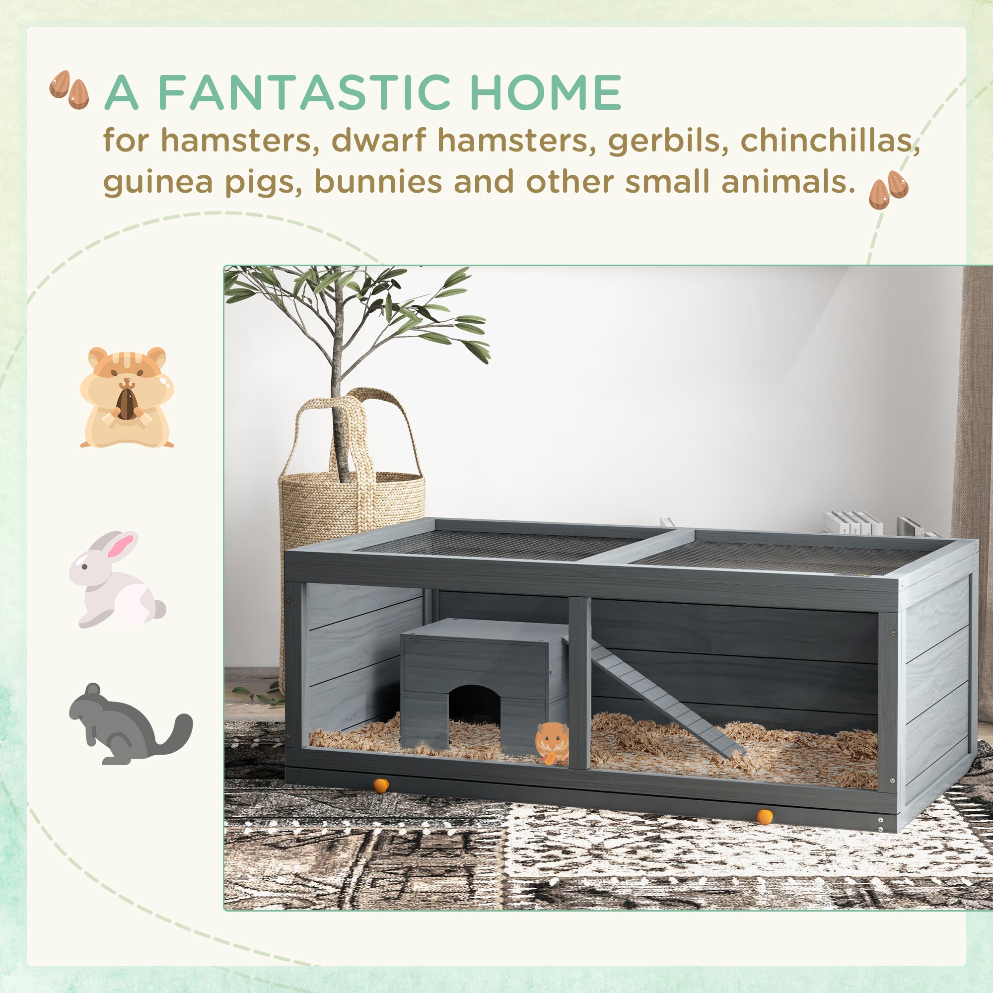 PawHut Wooden Hamster Cage, Small Animals Kit Hutch, Exercise Play House for Dwarf Hamsters, Gerbils, Chinchillas, Guinea Pigs, Bunnies, with Sliding Tray, Grey
