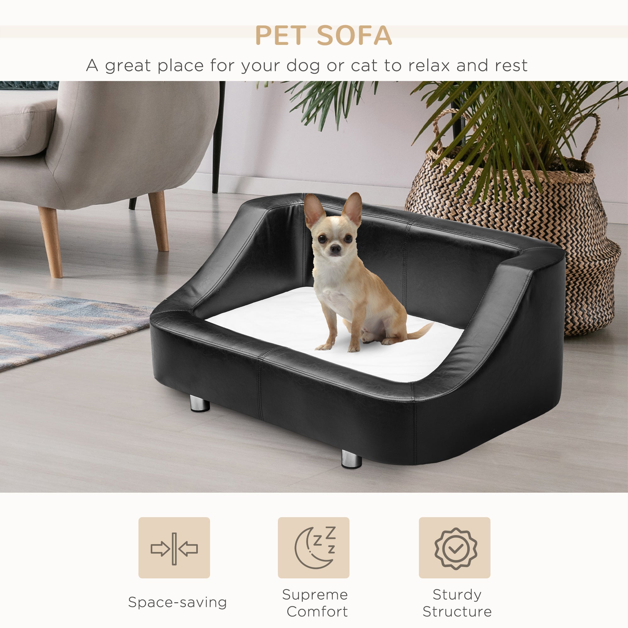 PawHut Pet Sofa Indoor Dog Cat Puppy Bed PU Leather Chair Cushion Mat (67L x 52Dx 40Hcm)