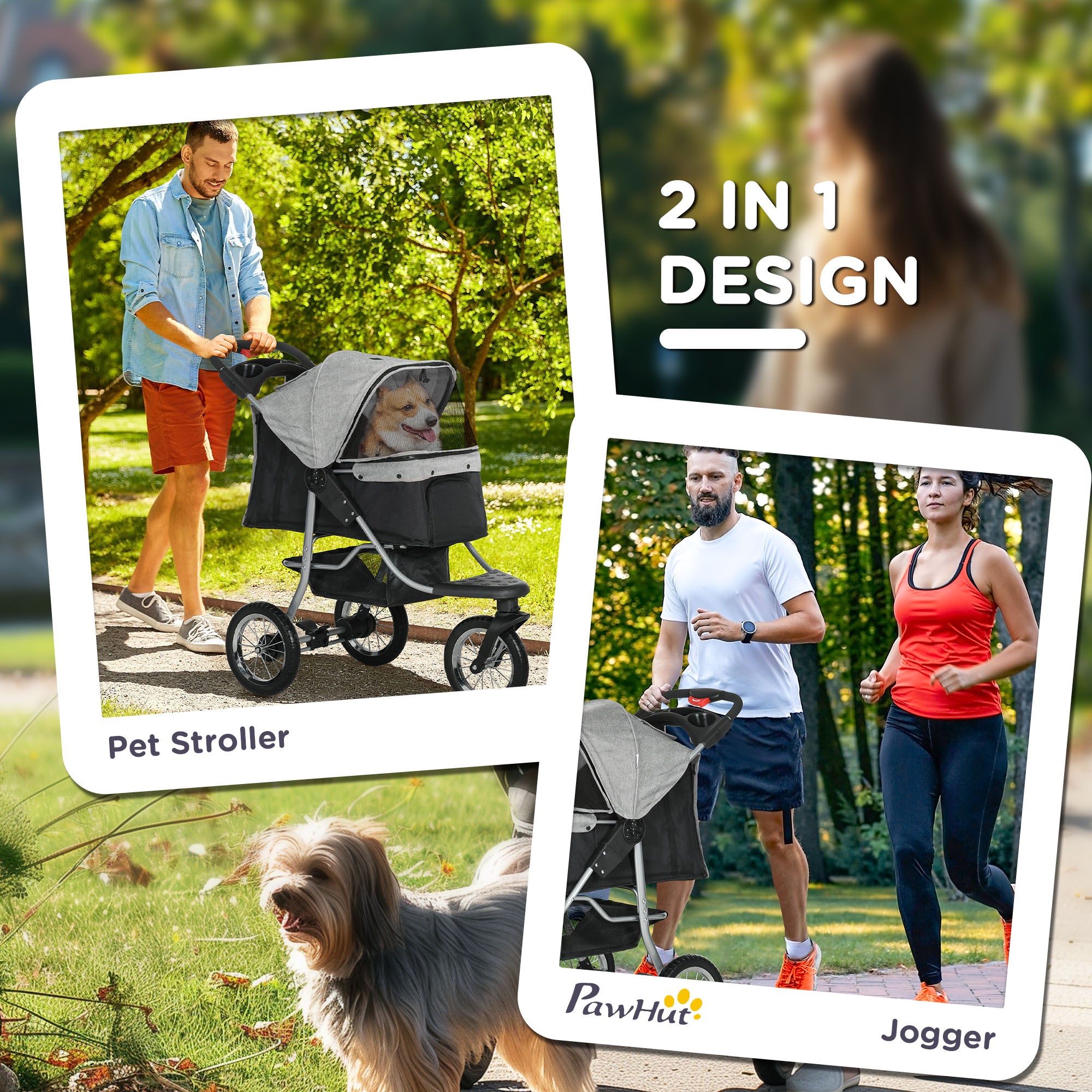 PawHut Luxury Pet Stroller Lightweight Dog Cat Travel Carriage with 3-Rubber Wheels, One-click Folding Design, Adjustable Canopy, Zippered Mesh Window Door, Grey