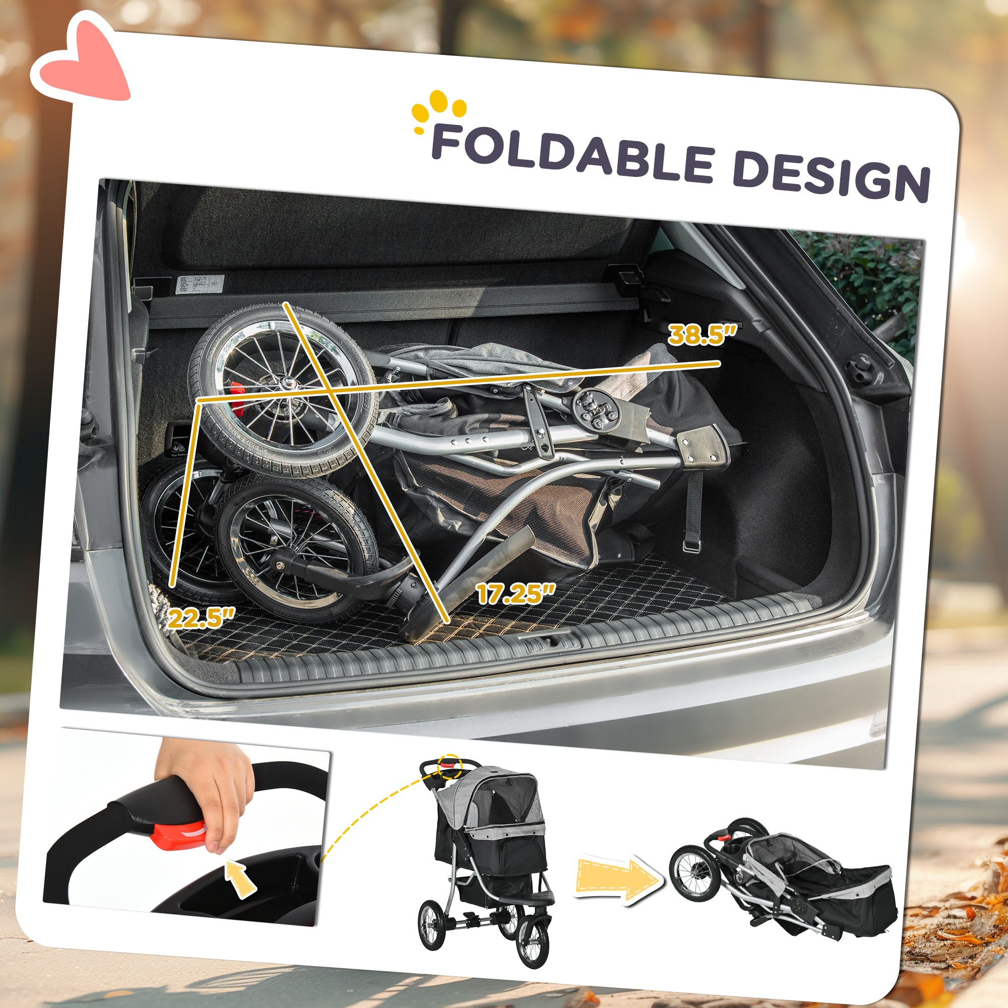 PawHut Luxury One-click Folding Pet Stroller Dog/Cat Travel Carriage with Wheels Adjustable Canopy Zippered Mesh Window Door Grey and Black