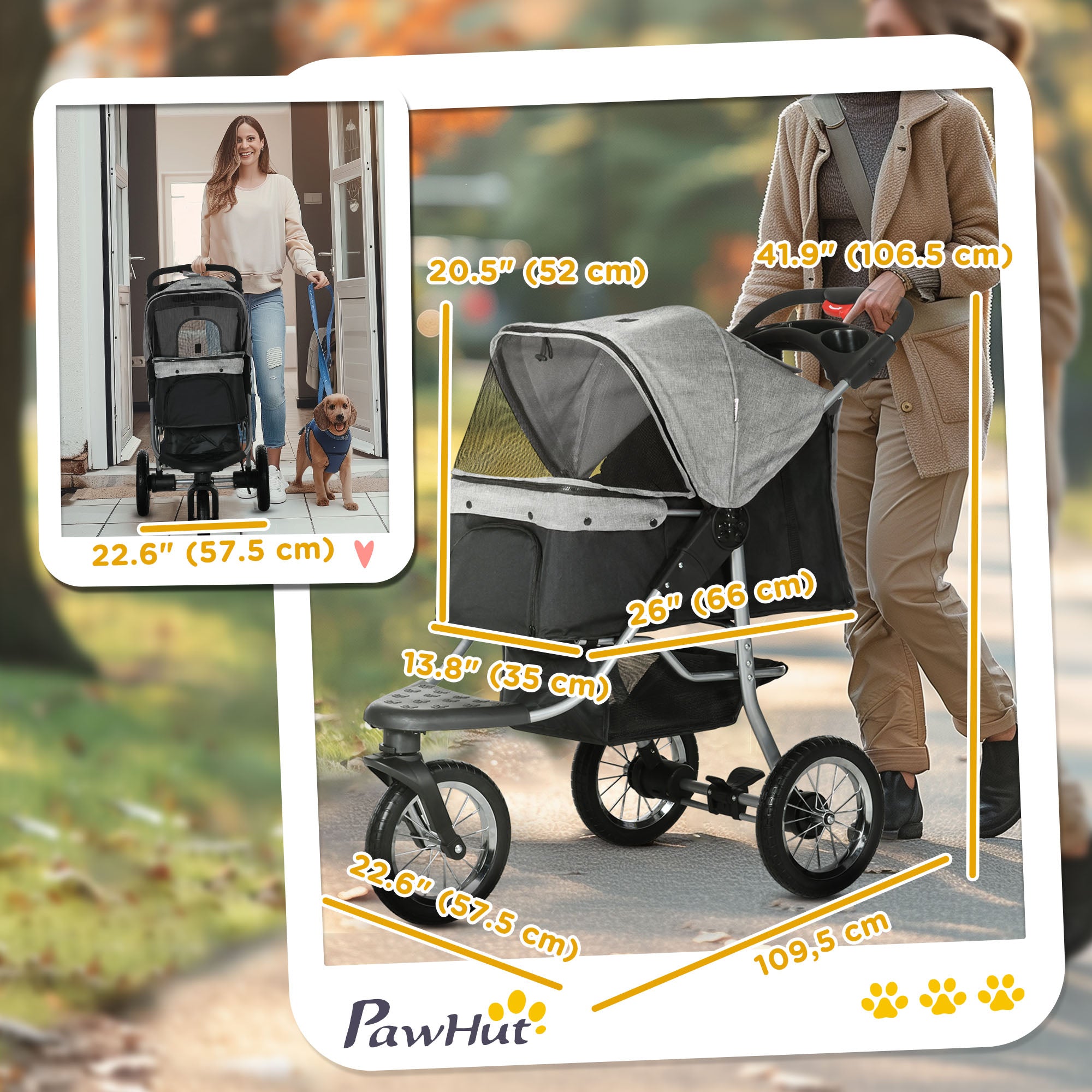 PawHut Luxury Pet Stroller Lightweight Dog Cat Travel Carriage with 3-Rubber Wheels, One-click Folding Design, Adjustable Canopy, Zippered Mesh Window Door, Grey