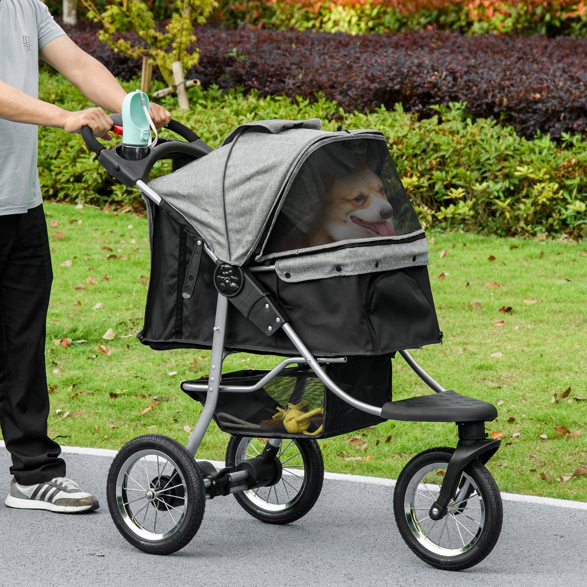 PawHut Luxury Pet Stroller Lightweight Dog Cat Travel Carriage with 3-Rubber Wheels, One-click Folding Design, Adjustable Canopy, Zippered Mesh Window Door, Grey