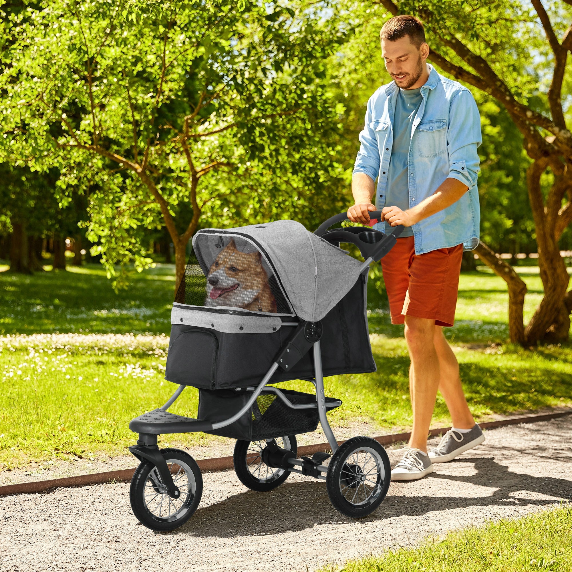 PawHut Luxury Pet Stroller Lightweight Dog Cat Travel Carriage with 3-Rubber Wheels, One-click Folding Design, Adjustable Canopy, Zippered Mesh Window Door, Grey