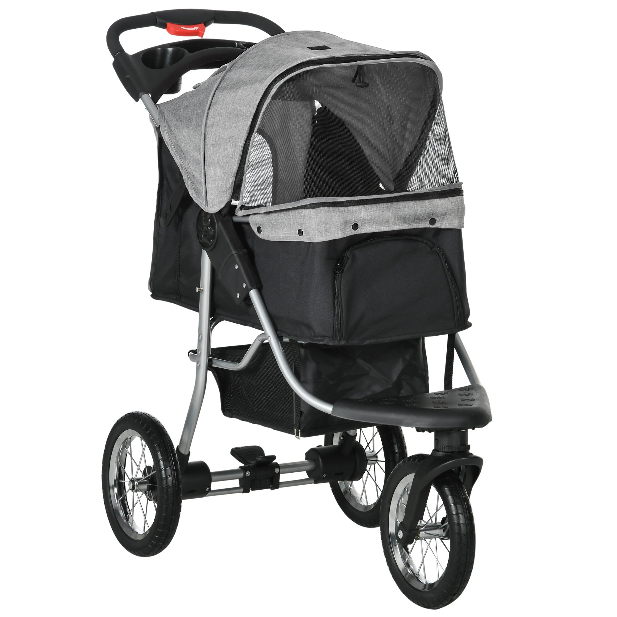 PawHut Luxury One-click Folding Pet Stroller Dog/Cat Travel Carriage with Wheels Adjustable Canopy Zippered Mesh Window Door Grey and Black