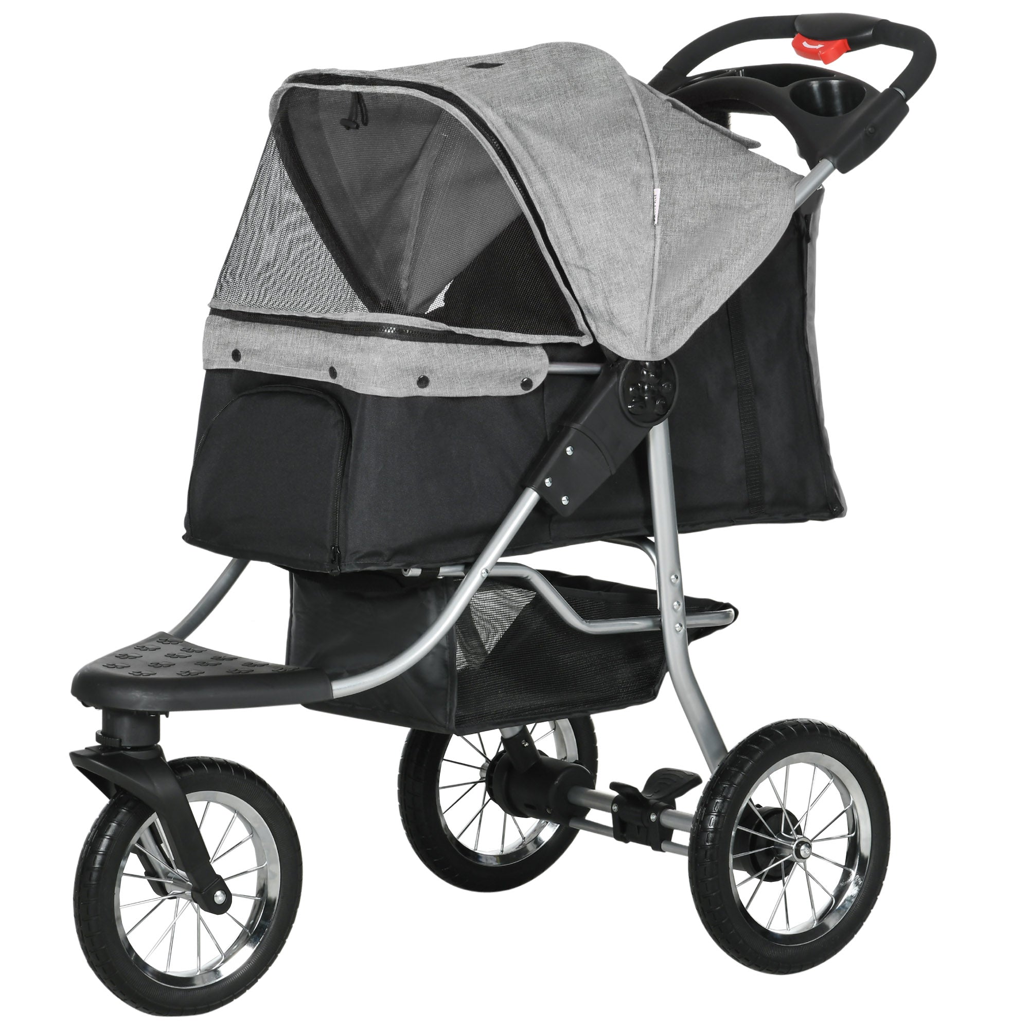 PawHut Luxury Pet Stroller Lightweight Dog Cat Travel Carriage with 3-Rubber Wheels, One-click Folding Design, Adjustable Canopy, Zippered Mesh Window Door, Grey