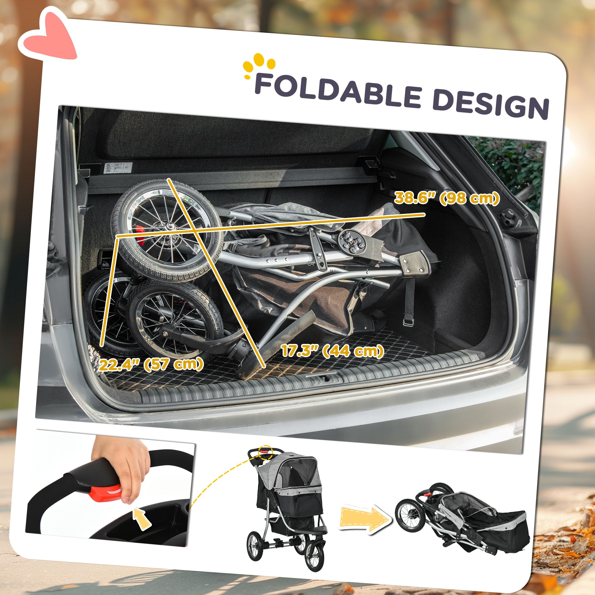 PawHut Luxury Pet Stroller Lightweight Dog Cat Travel Carriage with 3-Rubber Wheels, One-click Folding Design, Adjustable Canopy, Zippered Mesh Window Door, Grey