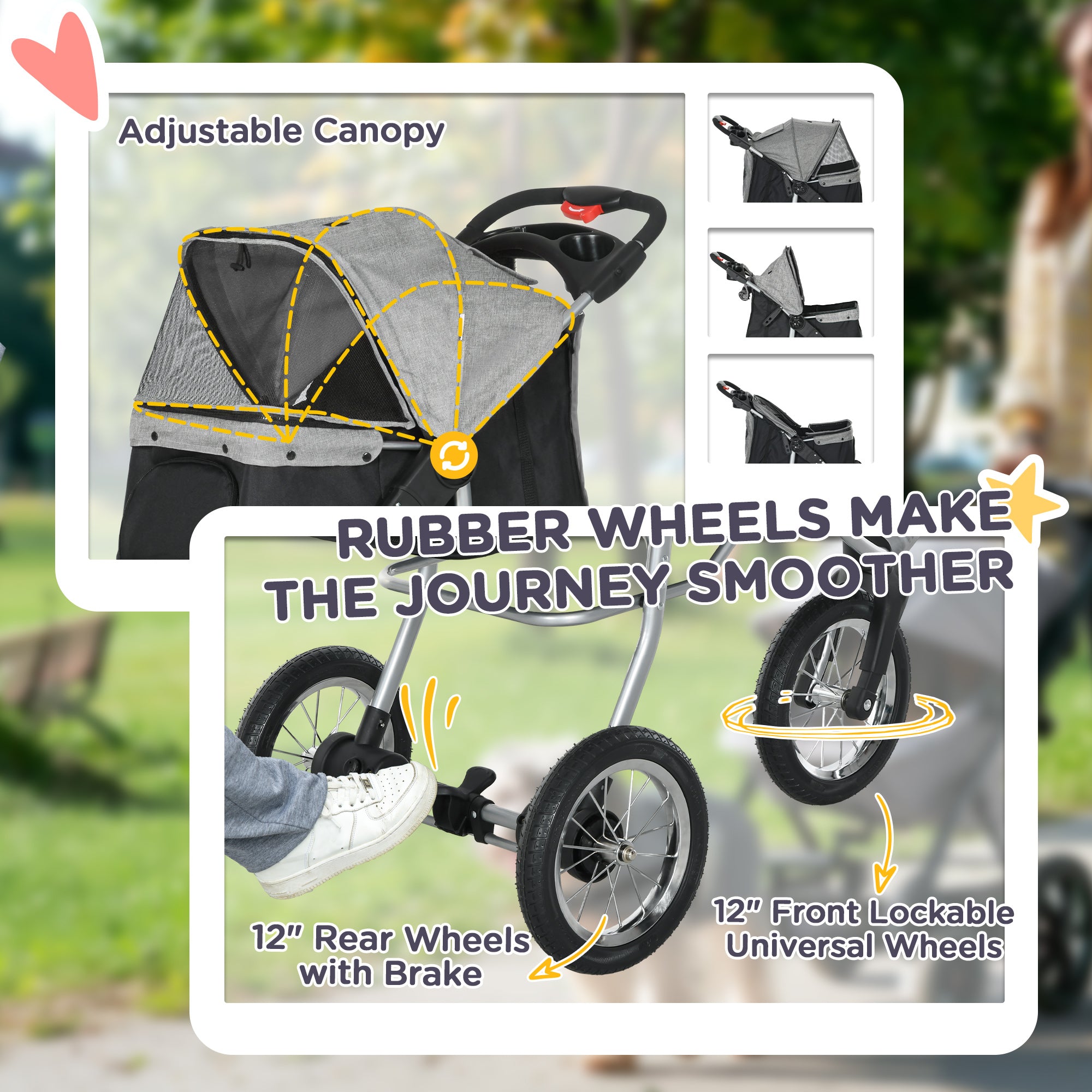 PawHut Luxury Pet Stroller Lightweight Dog Cat Travel Carriage with 3-Rubber Wheels, One-click Folding Design, Adjustable Canopy, Zippered Mesh Window Door, Grey