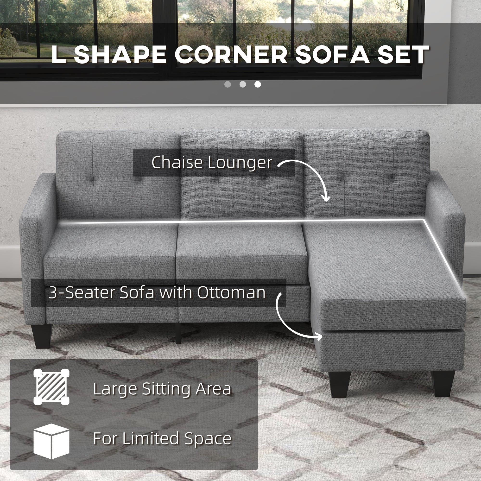 HOMCOM Sectional Sofa with Changeable Chaise, 3 Seater Corner Sofa with Ottoman, L Shape Couch with Thick Padded Cushion for Living Room, Office, Light Grey
