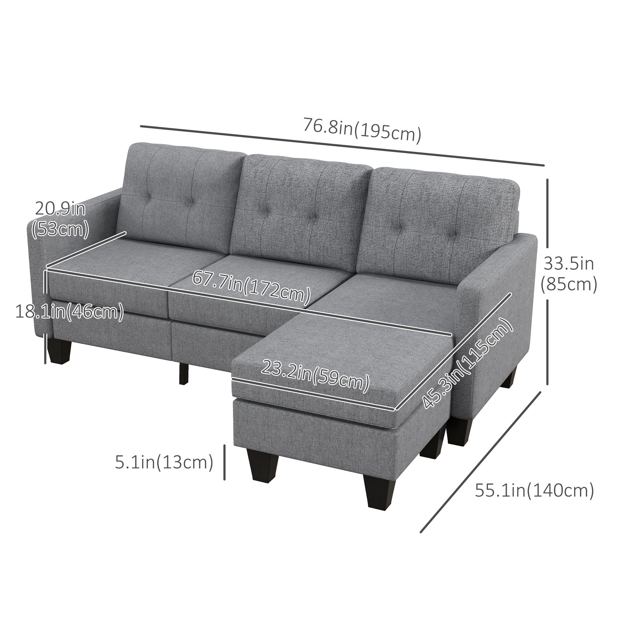 HOMCOM Sectional Sofa with Changeable Chaise, 3 Seater Corner Sofa with Ottoman, L Shape Couch with Thick Padded Cushion for Living Room, Office, Light Grey