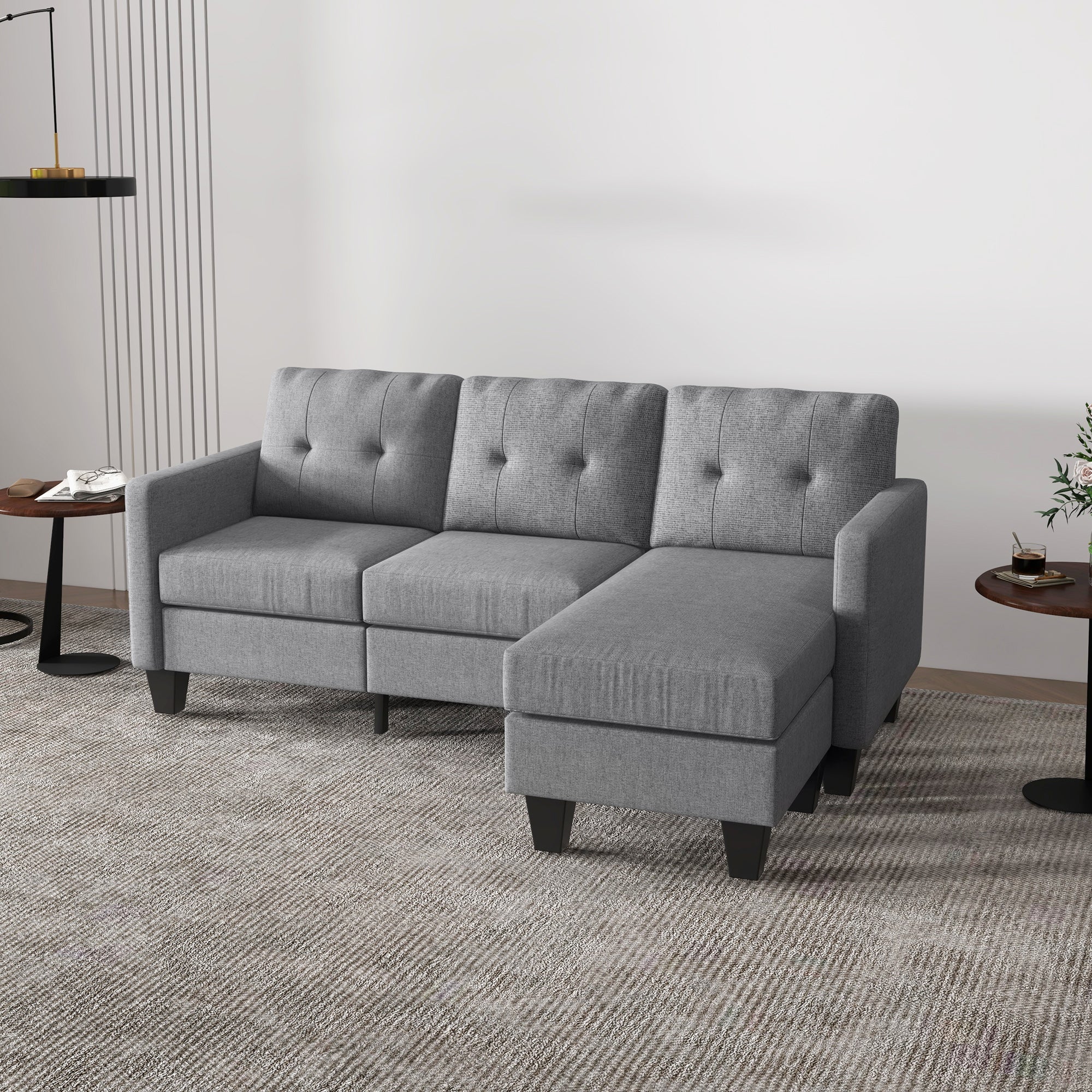 HOMCOM Sectional Sofa with Changeable Chaise, 3 Seater Corner Sofa with Ottoman, L Shape Couch with Thick Padded Cushion for Living Room, Office, Light Grey