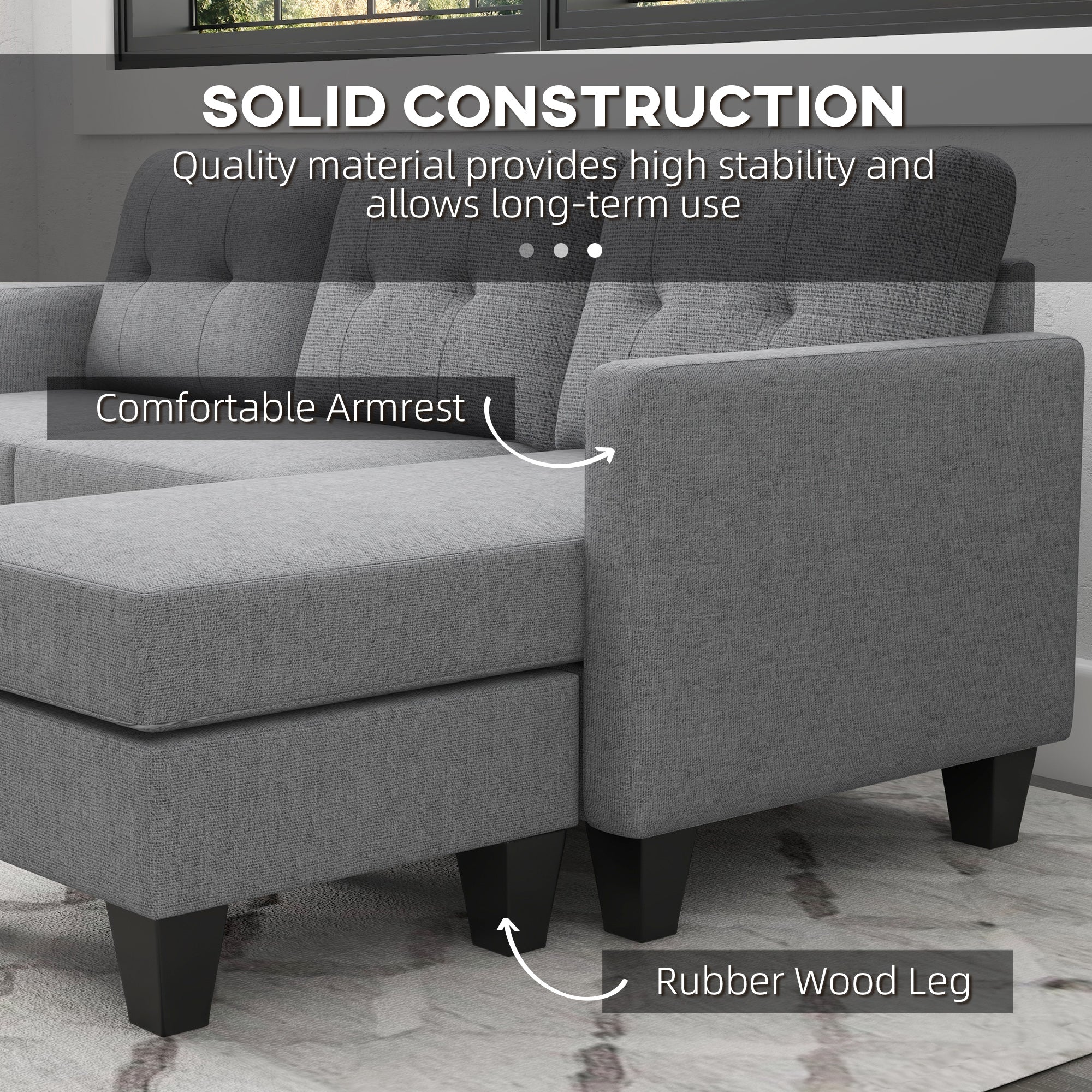 HOMCOM Sectional Sofa with Changeable Chaise, 3 Seater Corner Sofa with Ottoman, L Shape Couch with Thick Padded Cushion for Living Room, Office, Light Grey