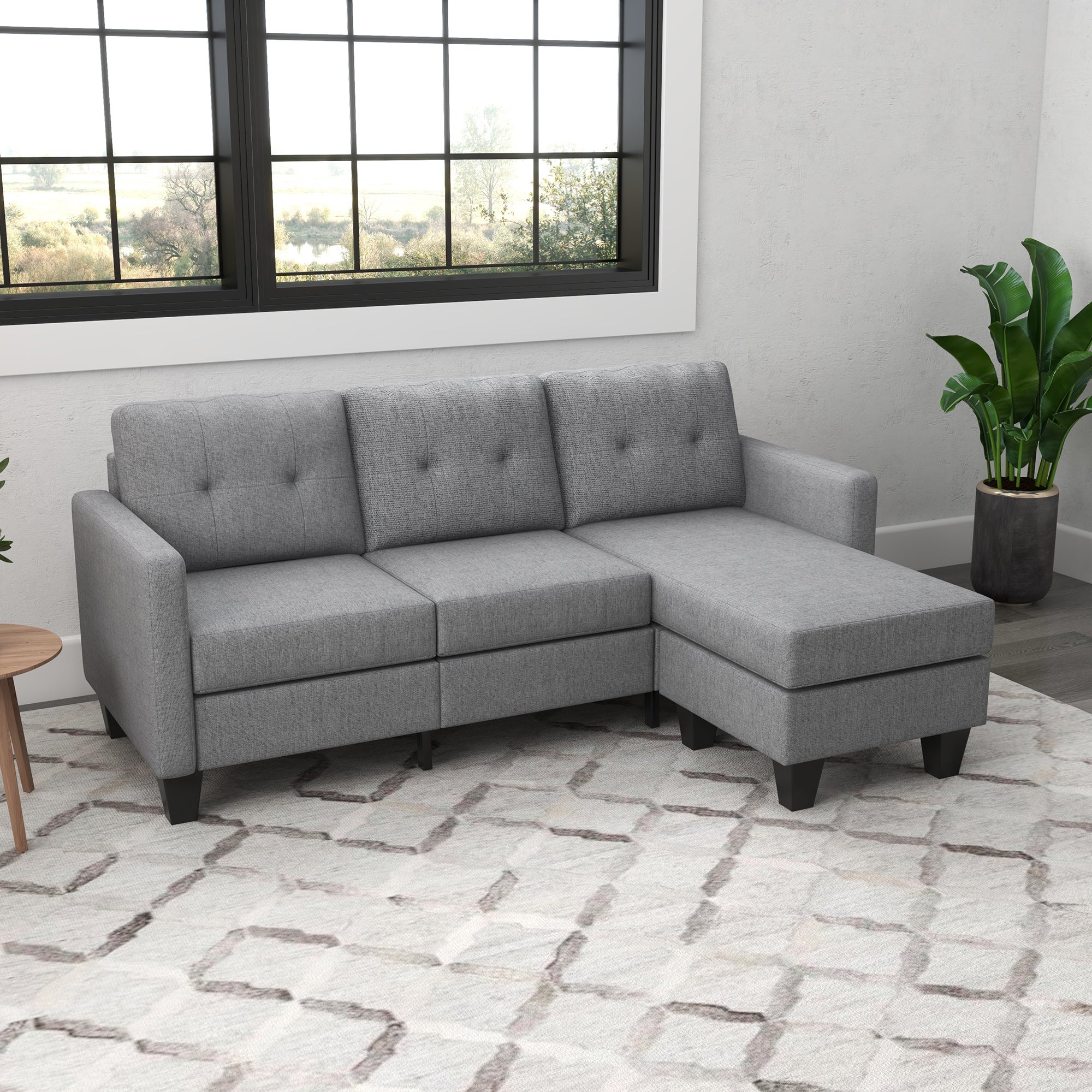 HOMCOM Sectional Sofa with Changeable Chaise, 3 Seater Corner Sofa with Ottoman, L Shape Couch with Thick Padded Cushion for Living Room, Office, Light Grey