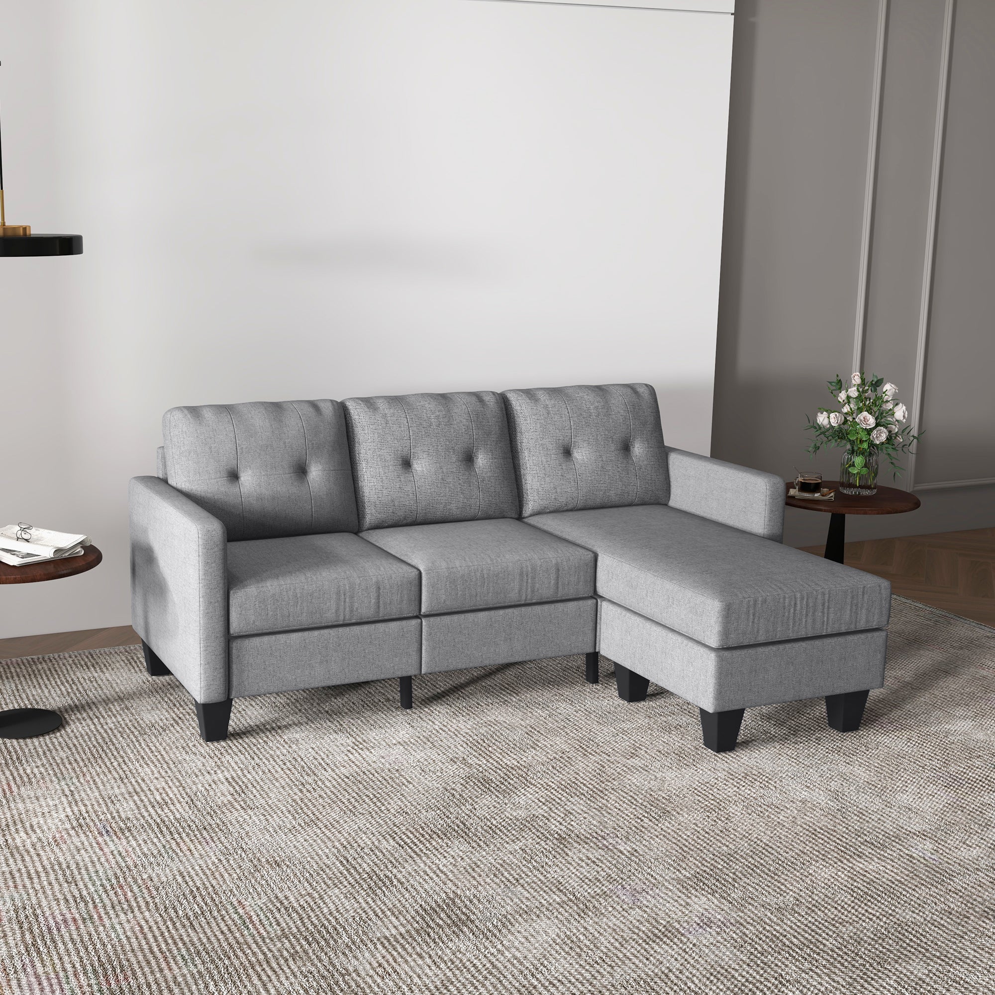 HOMCOM Sectional Sofa with Changeable Chaise, 3 Seater Corner Sofa with Ottoman, L Shape Couch with Thick Padded Cushion for Living Room, Office, Light Grey